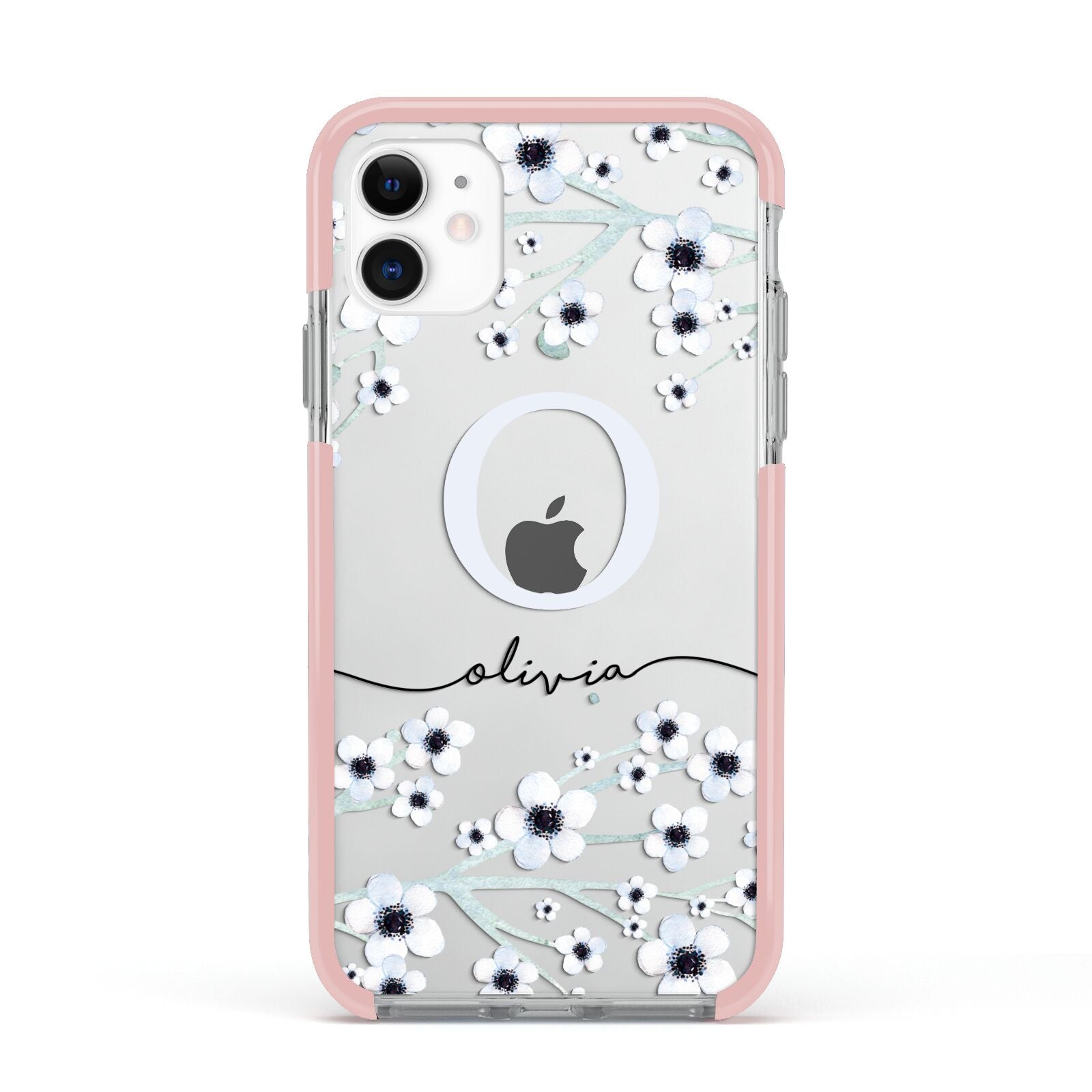 Personalised White Flower Apple iPhone 11 in White with Pink Impact Case