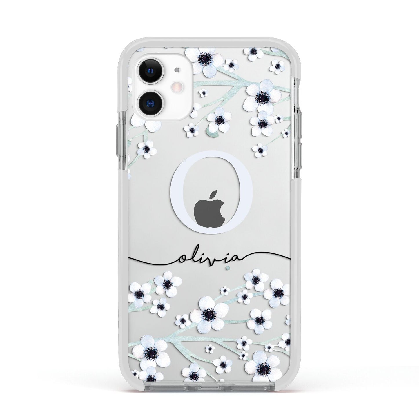 Personalised White Flower Apple iPhone 11 in White with White Impact Case