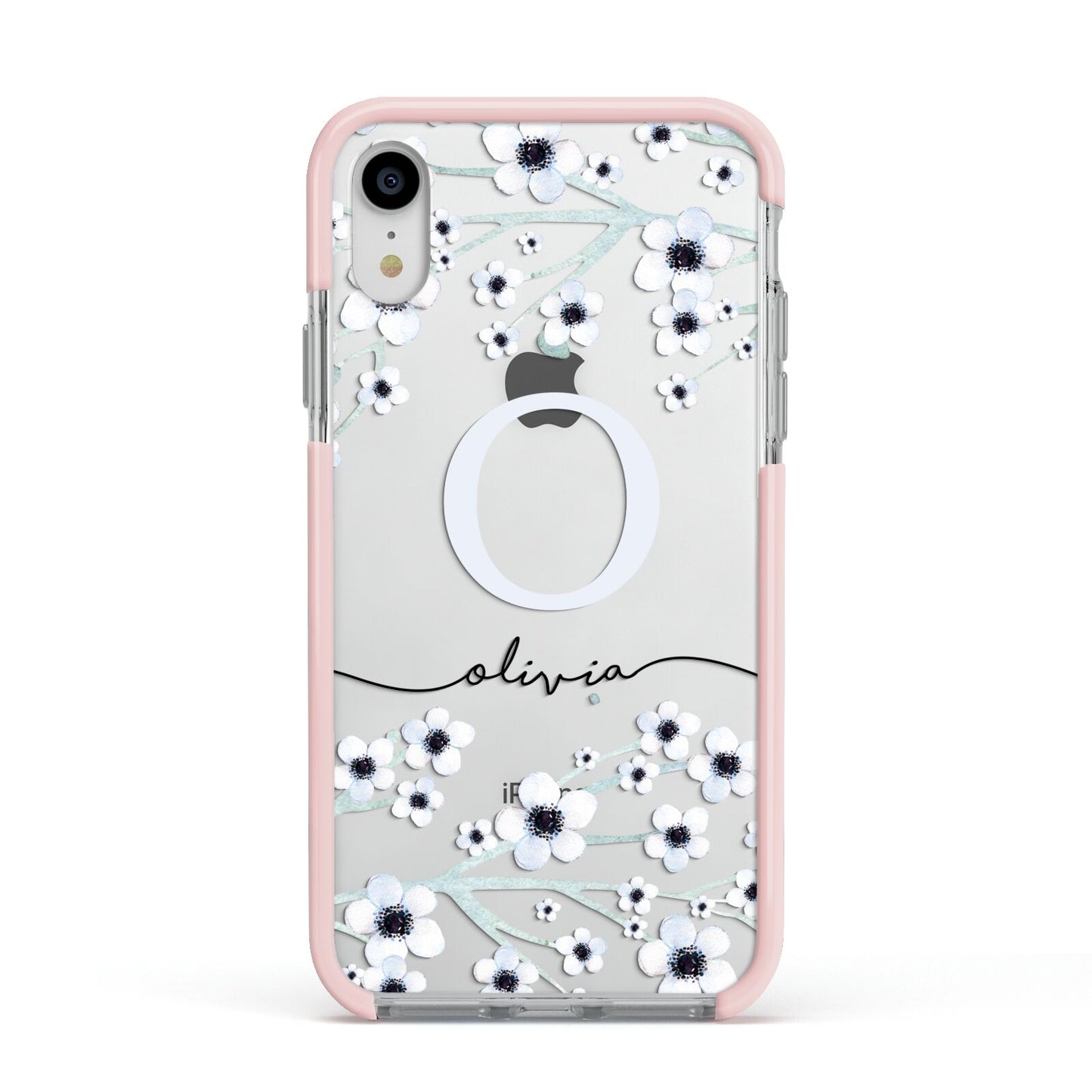 Personalised White Flower Apple iPhone XR Impact Case Pink Edge on Silver Phone
