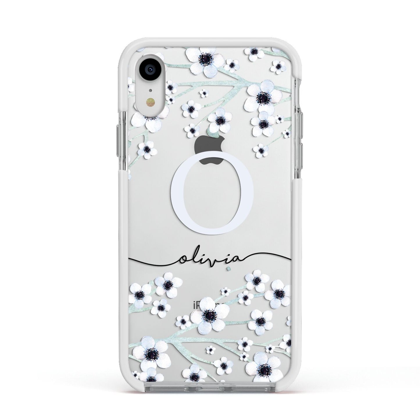 Personalised White Flower Apple iPhone XR Impact Case White Edge on Silver Phone