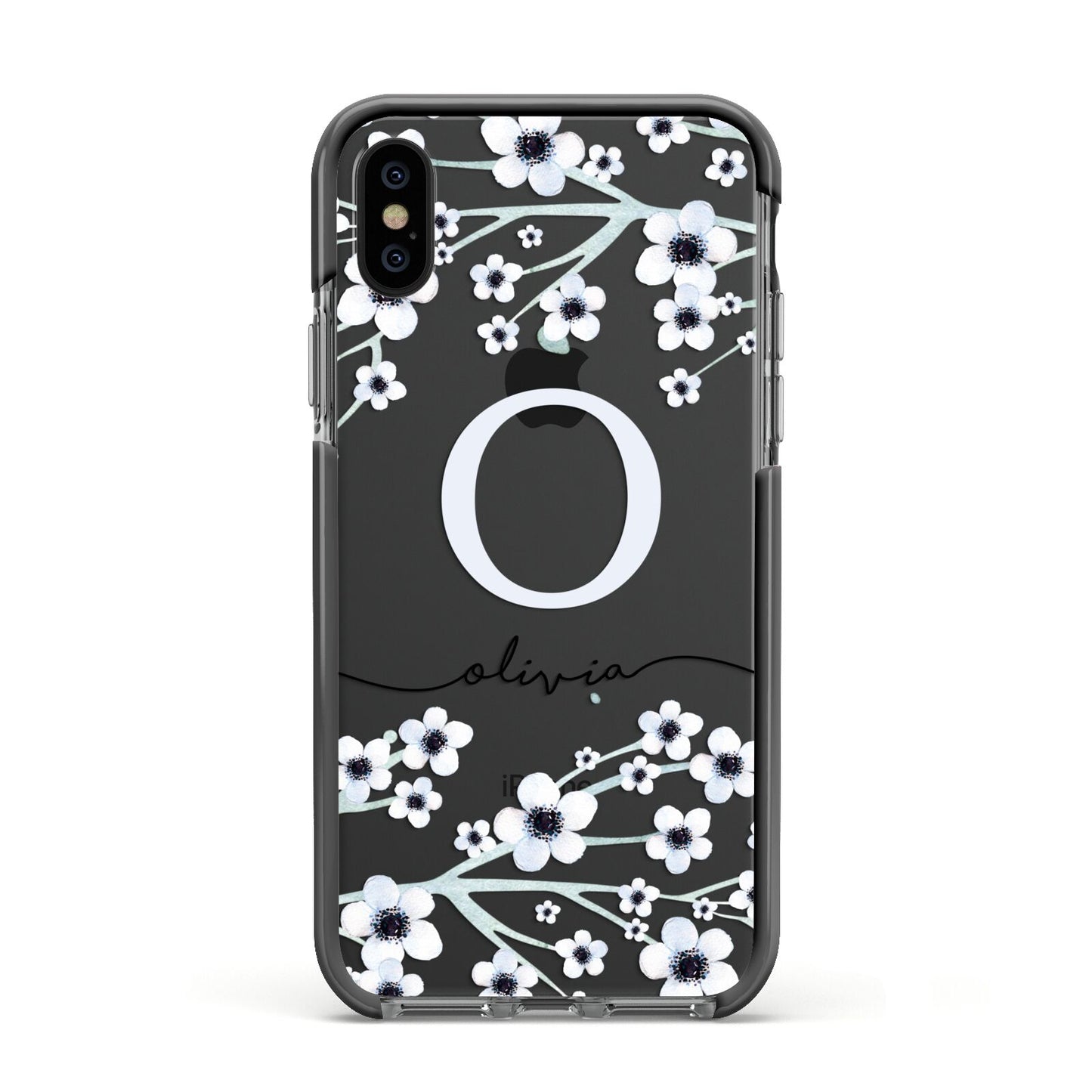 Personalised White Flower Apple iPhone Xs Impact Case Black Edge on Black Phone