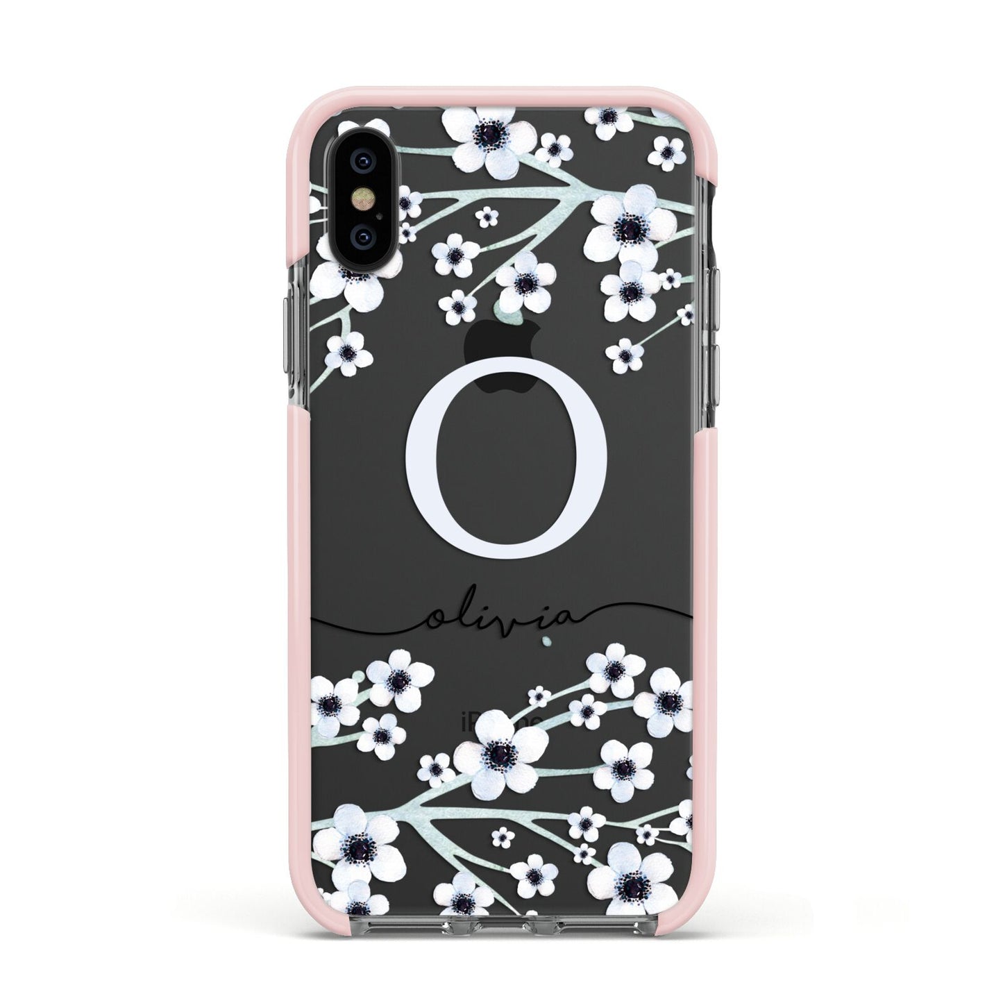 Personalised White Flower Apple iPhone Xs Impact Case Pink Edge on Black Phone
