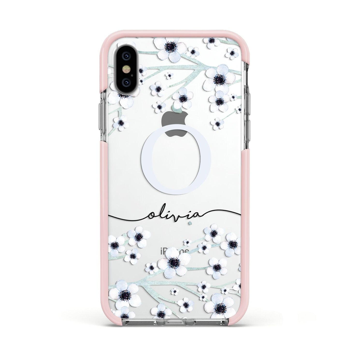 Personalised White Flower Apple iPhone Xs Impact Case Pink Edge on Silver Phone