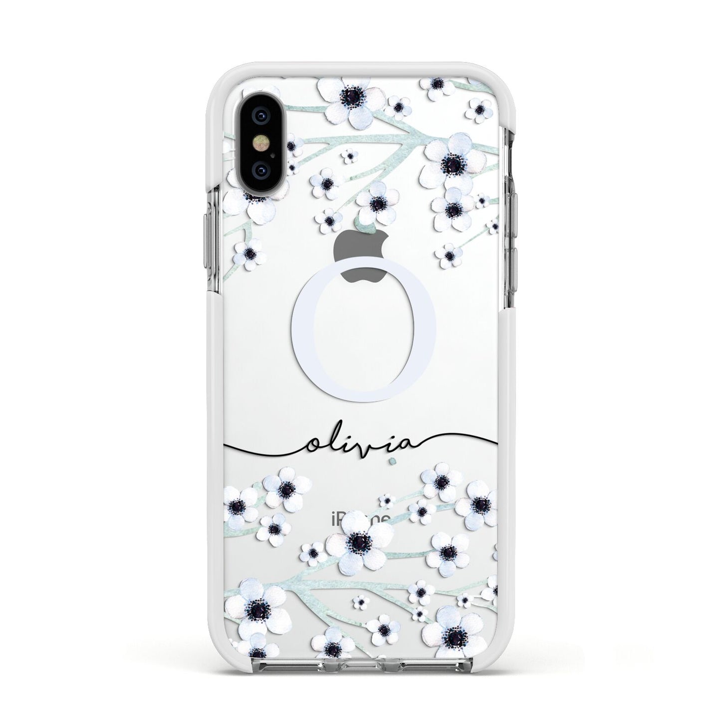 Personalised White Flower Apple iPhone Xs Impact Case White Edge on Silver Phone