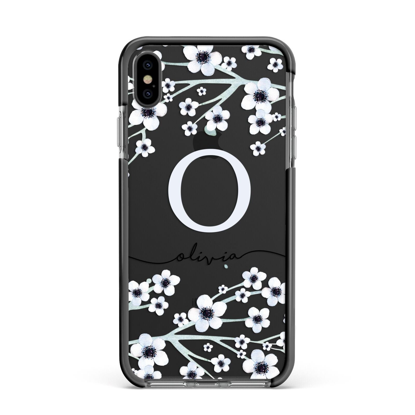 Personalised White Flower Apple iPhone Xs Max Impact Case Black Edge on Black Phone