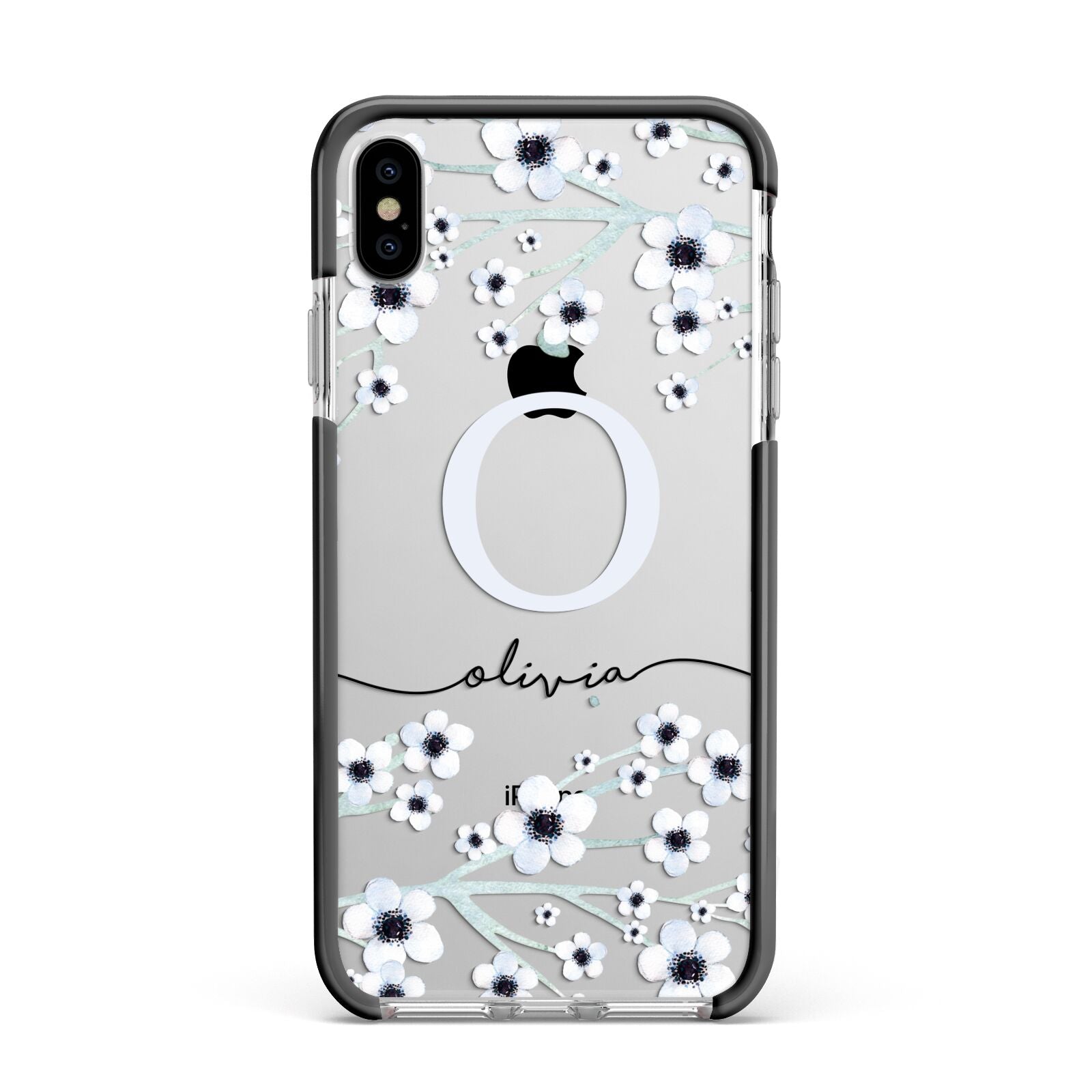 Personalised White Flower Apple iPhone Xs Max Impact Case Black Edge on Silver Phone