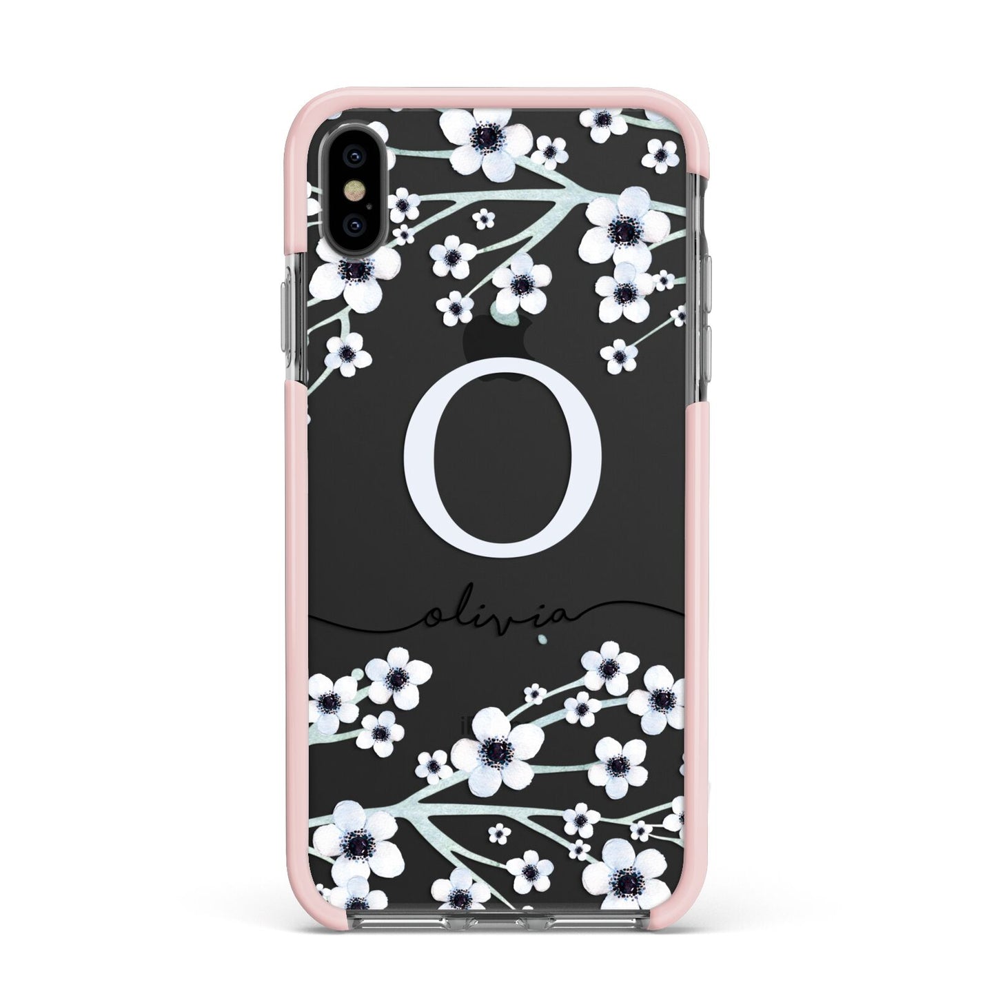 Personalised White Flower Apple iPhone Xs Max Impact Case Pink Edge on Black Phone
