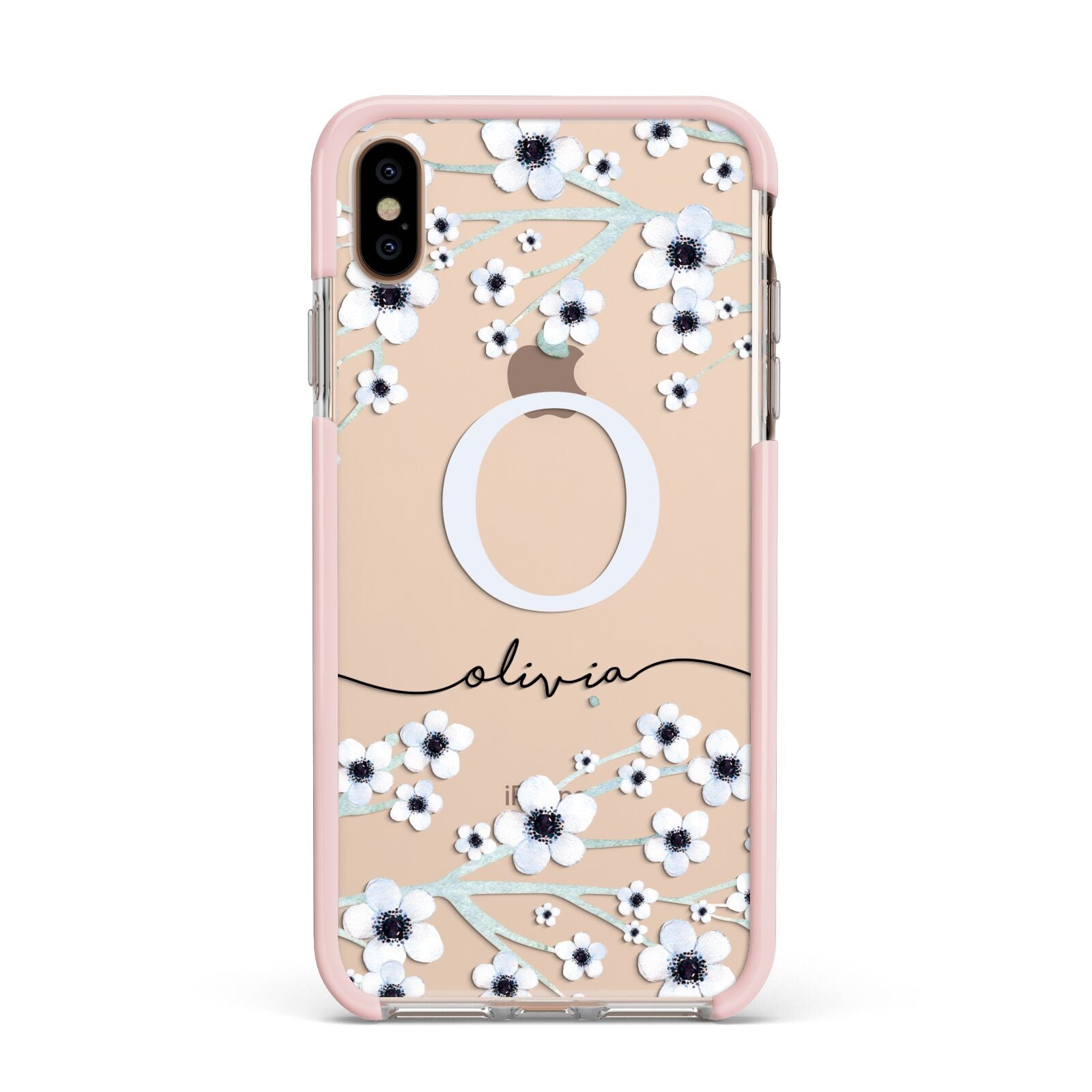 Personalised White Flower Apple iPhone Xs Max Impact Case Pink Edge on Gold Phone