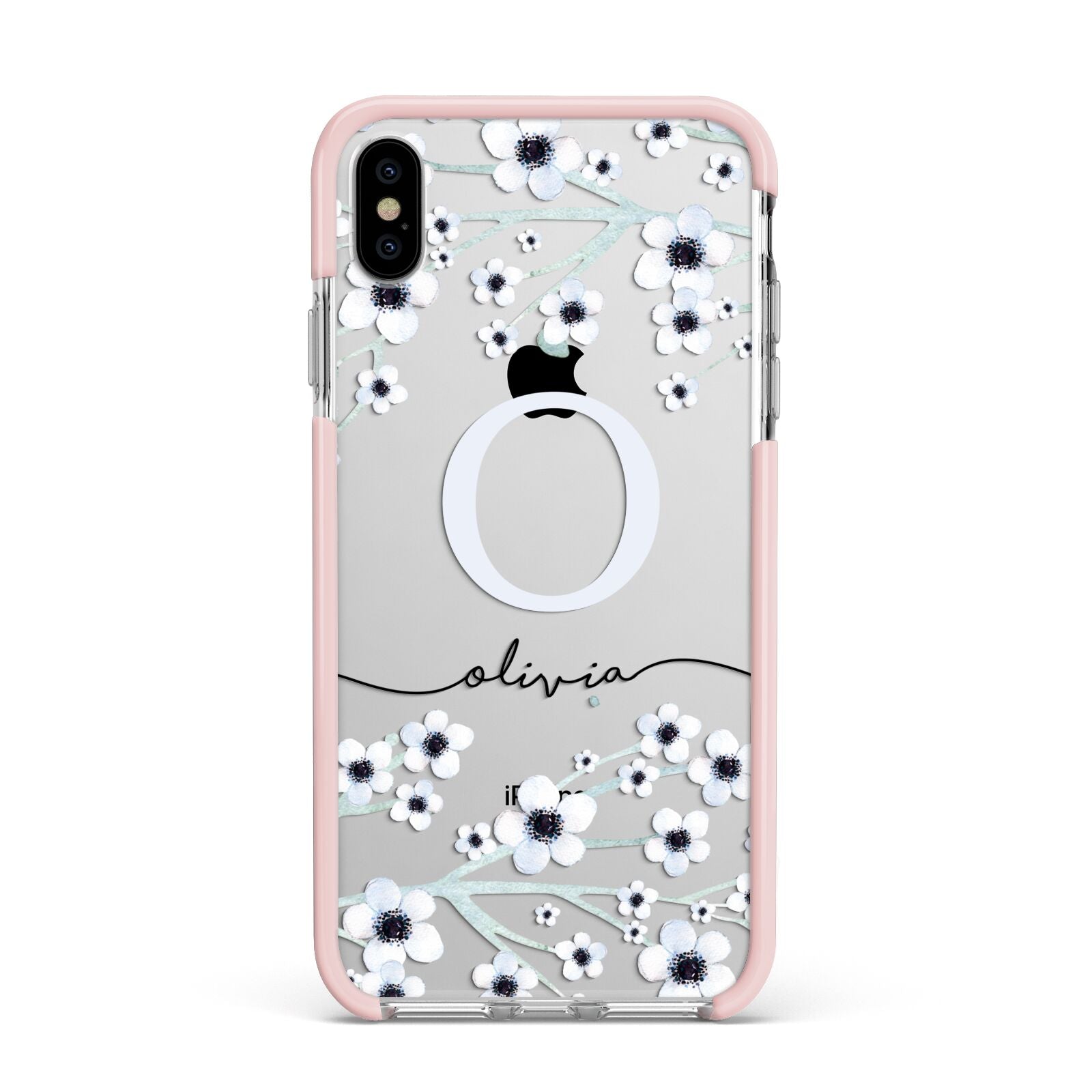 Personalised White Flower Apple iPhone Xs Max Impact Case Pink Edge on Silver Phone