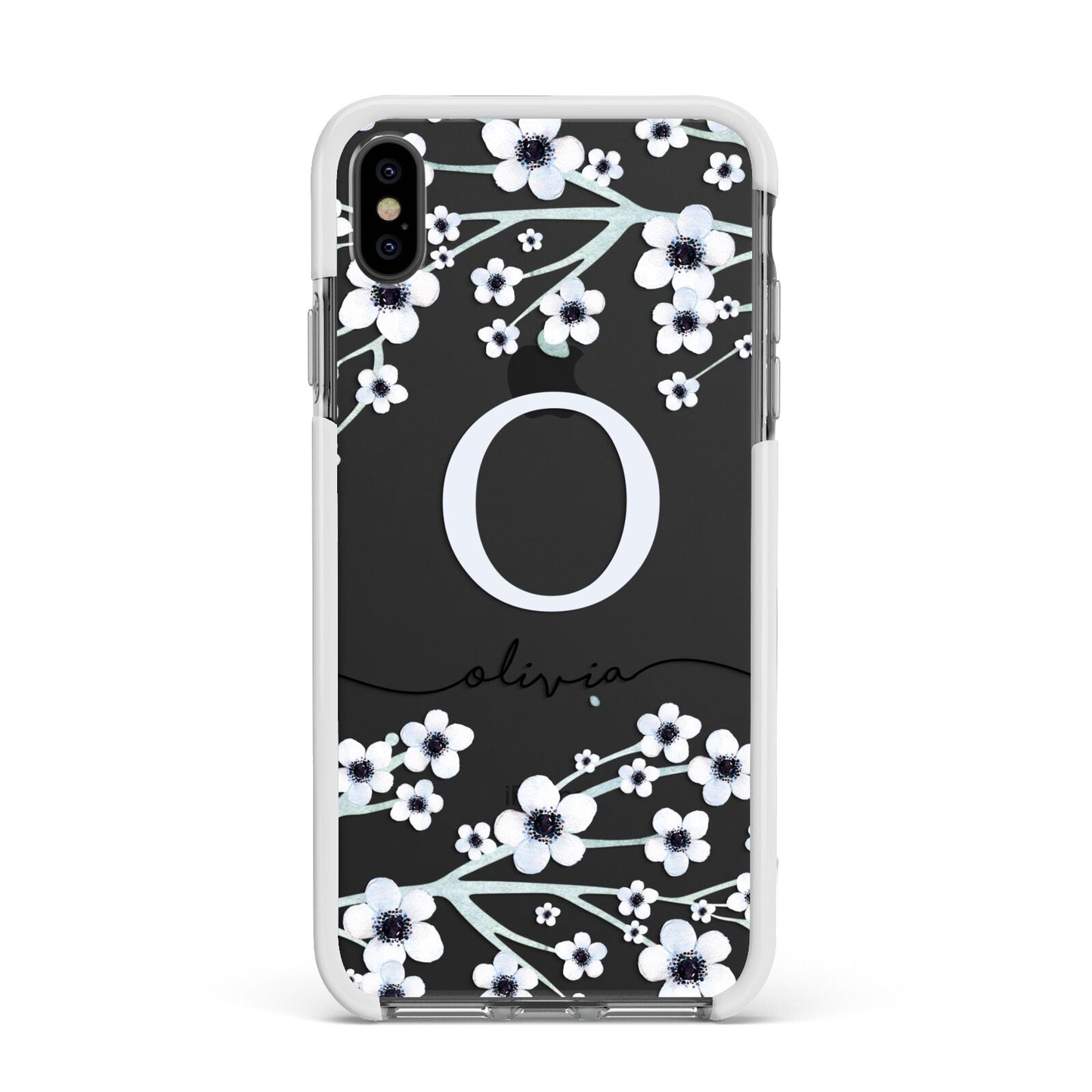 Personalised White Flower Apple iPhone Xs Max Impact Case White Edge on Black Phone