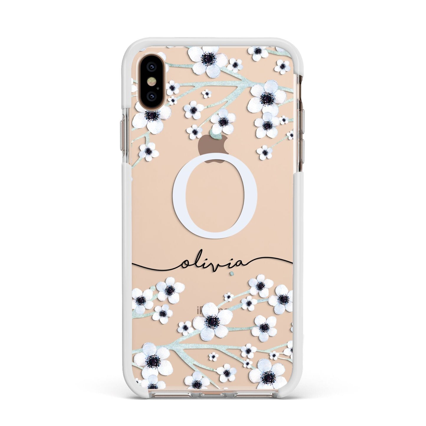 Personalised White Flower Apple iPhone Xs Max Impact Case White Edge on Gold Phone