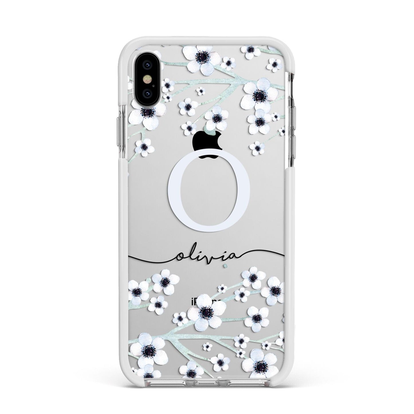 Personalised White Flower Apple iPhone Xs Max Impact Case White Edge on Silver Phone