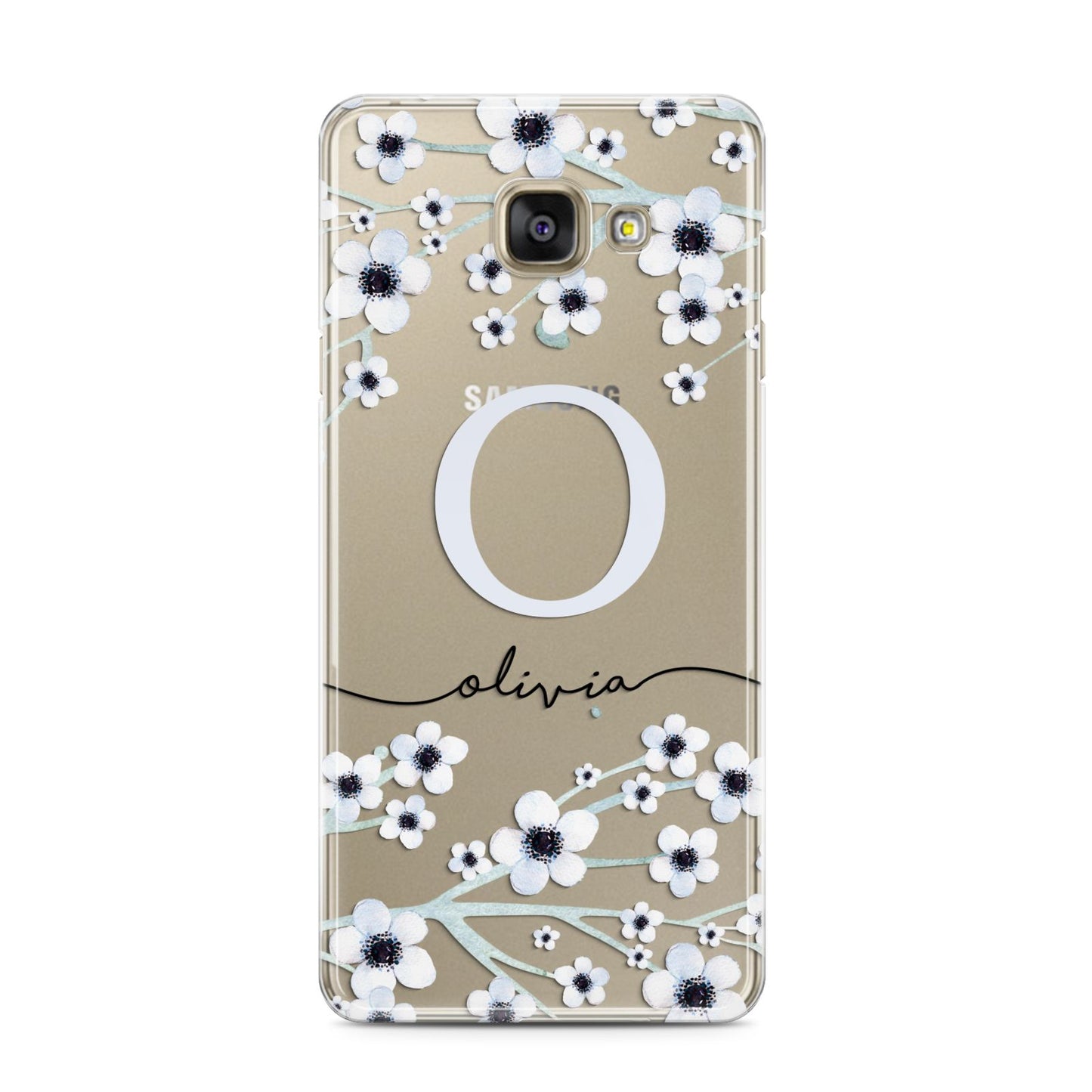 Personalised White Flower Samsung Galaxy A3 2016 Case on gold phone
