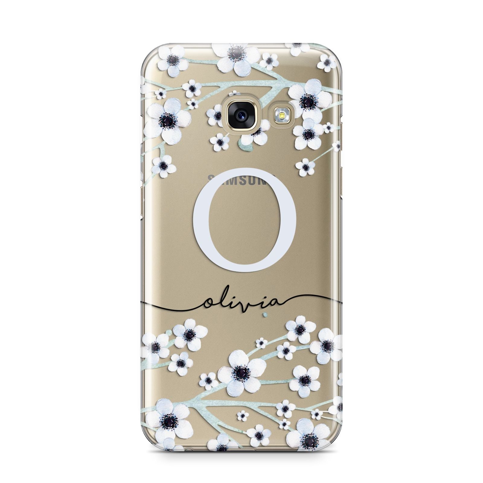Personalised White Flower Samsung Galaxy A3 2017 Case on gold phone