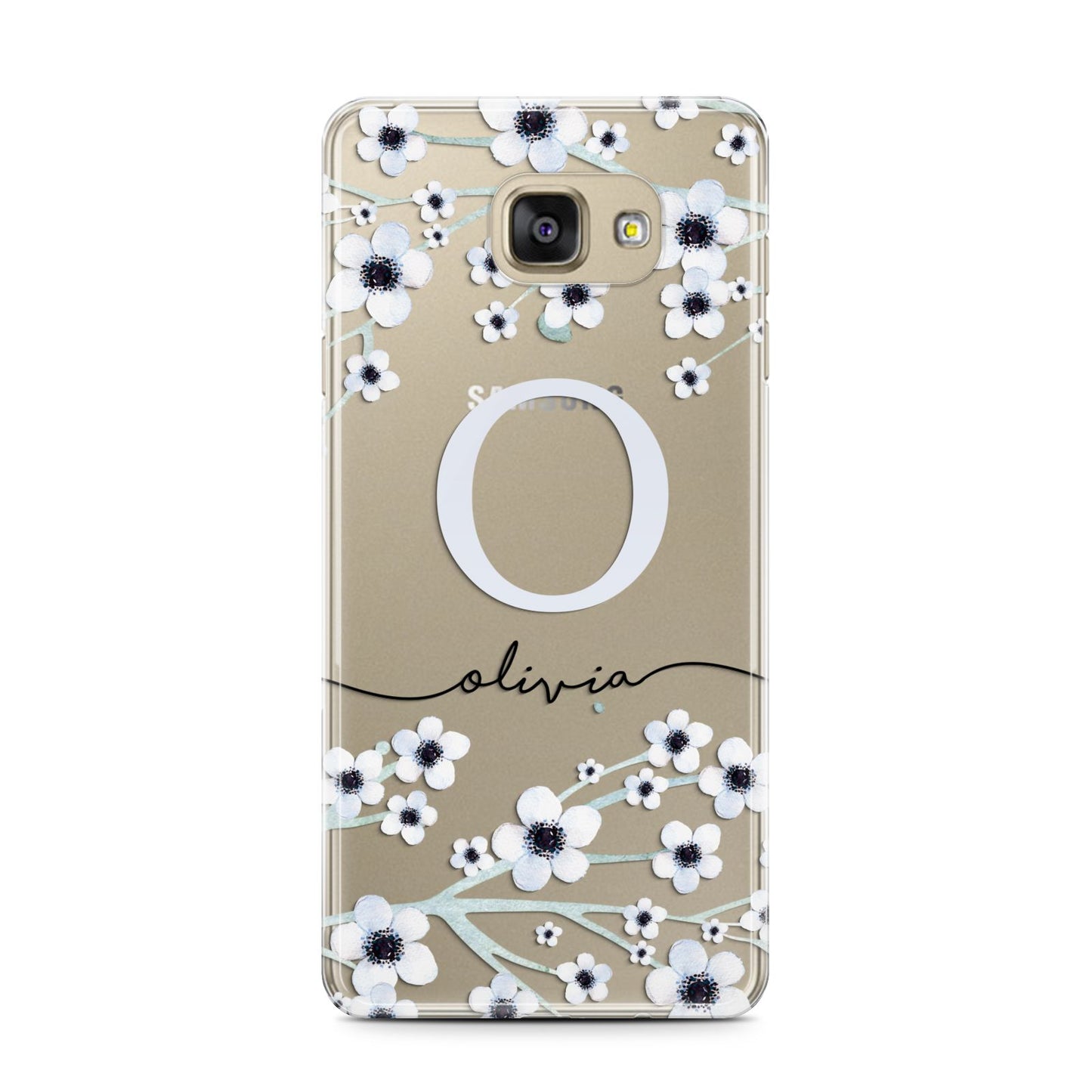 Personalised White Flower Samsung Galaxy A7 2016 Case on gold phone