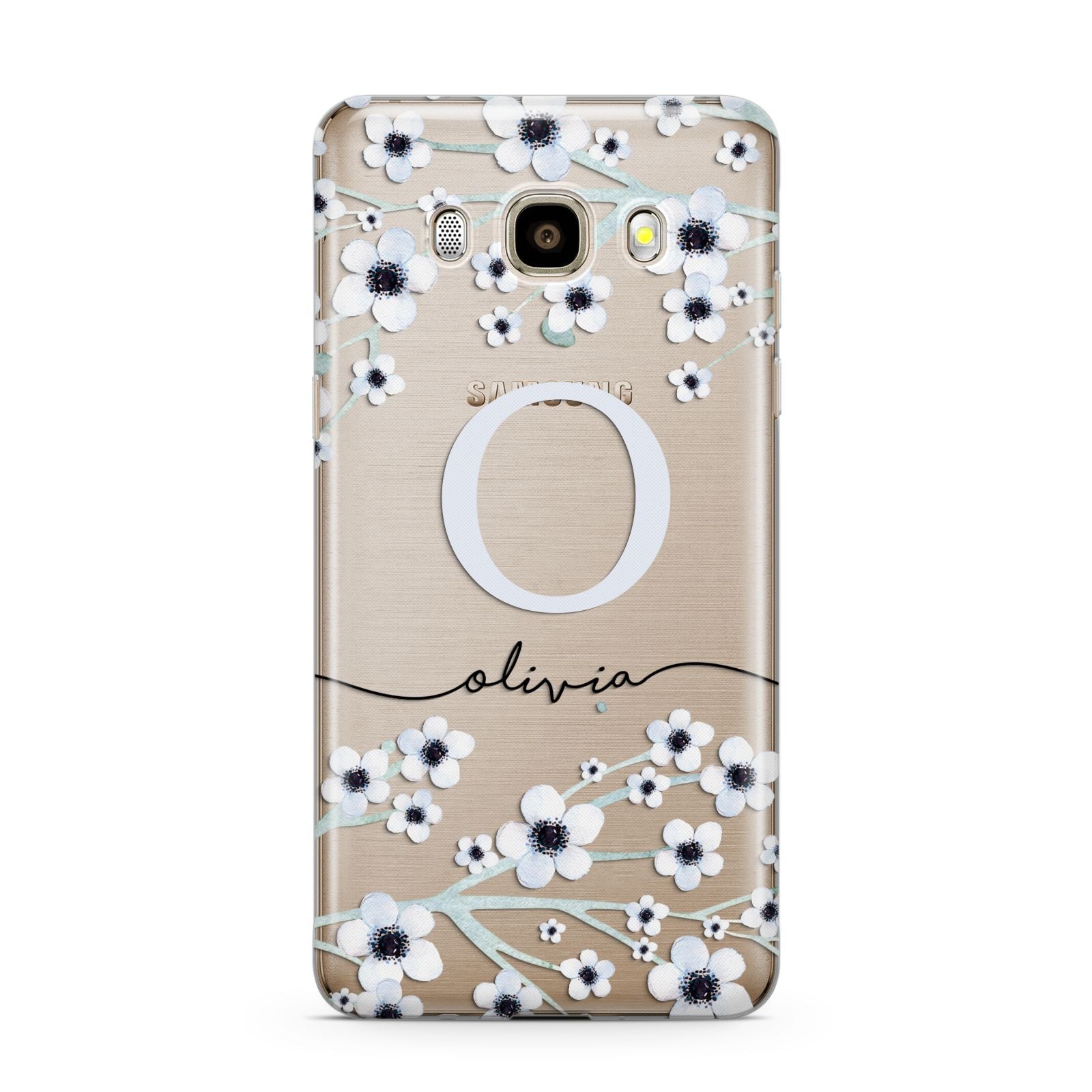 Personalised White Flower Samsung Galaxy J7 2016 Case on gold phone