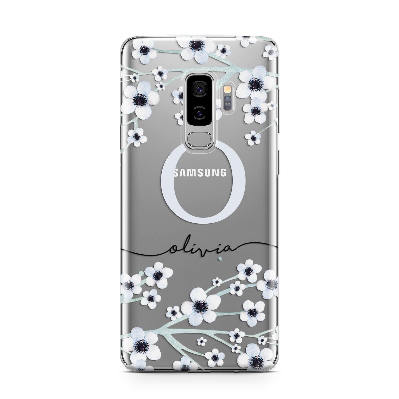 Personalised White Flower Samsung Galaxy S9 Plus Case on Silver phone