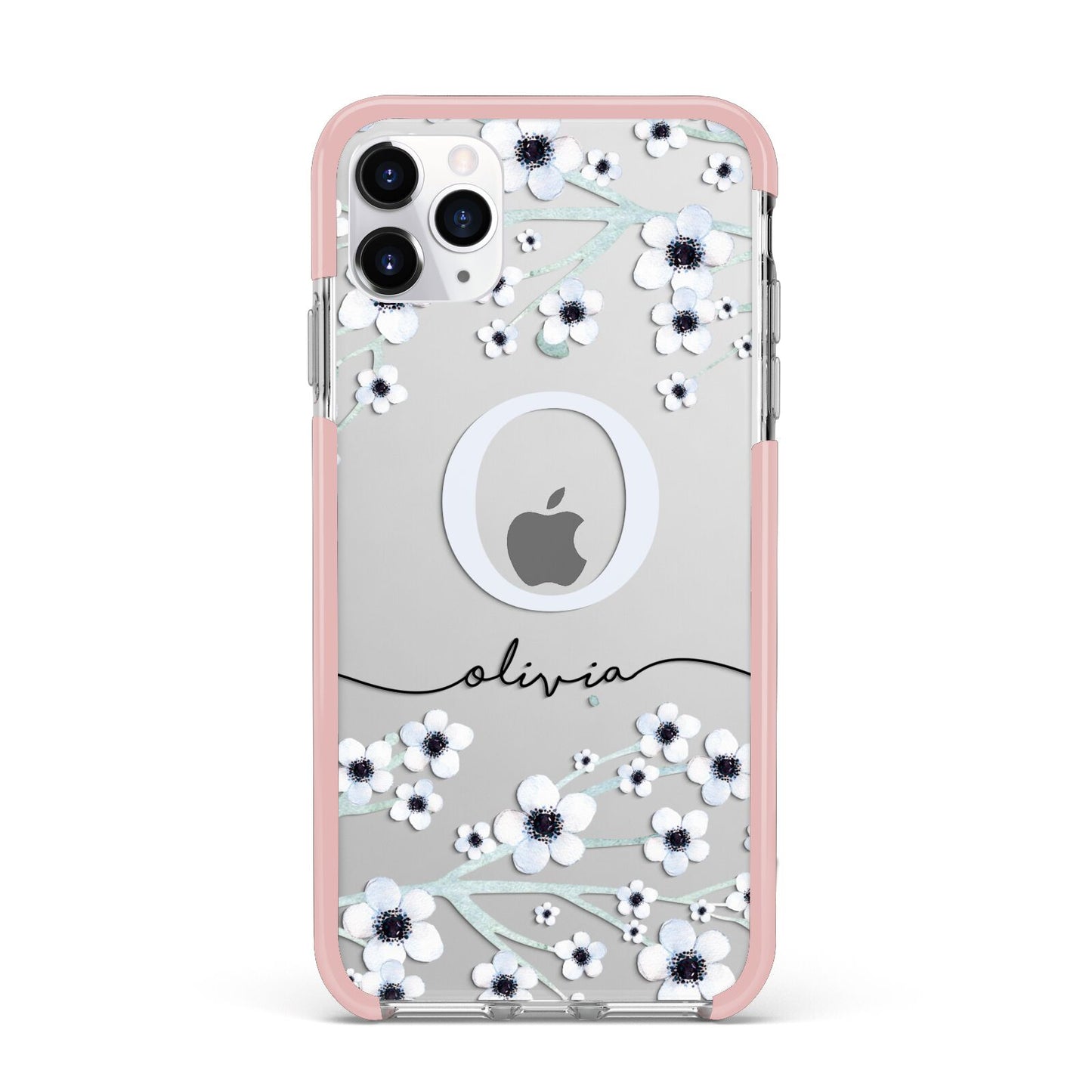 Personalised White Flower iPhone 11 Pro Max Impact Pink Edge Case