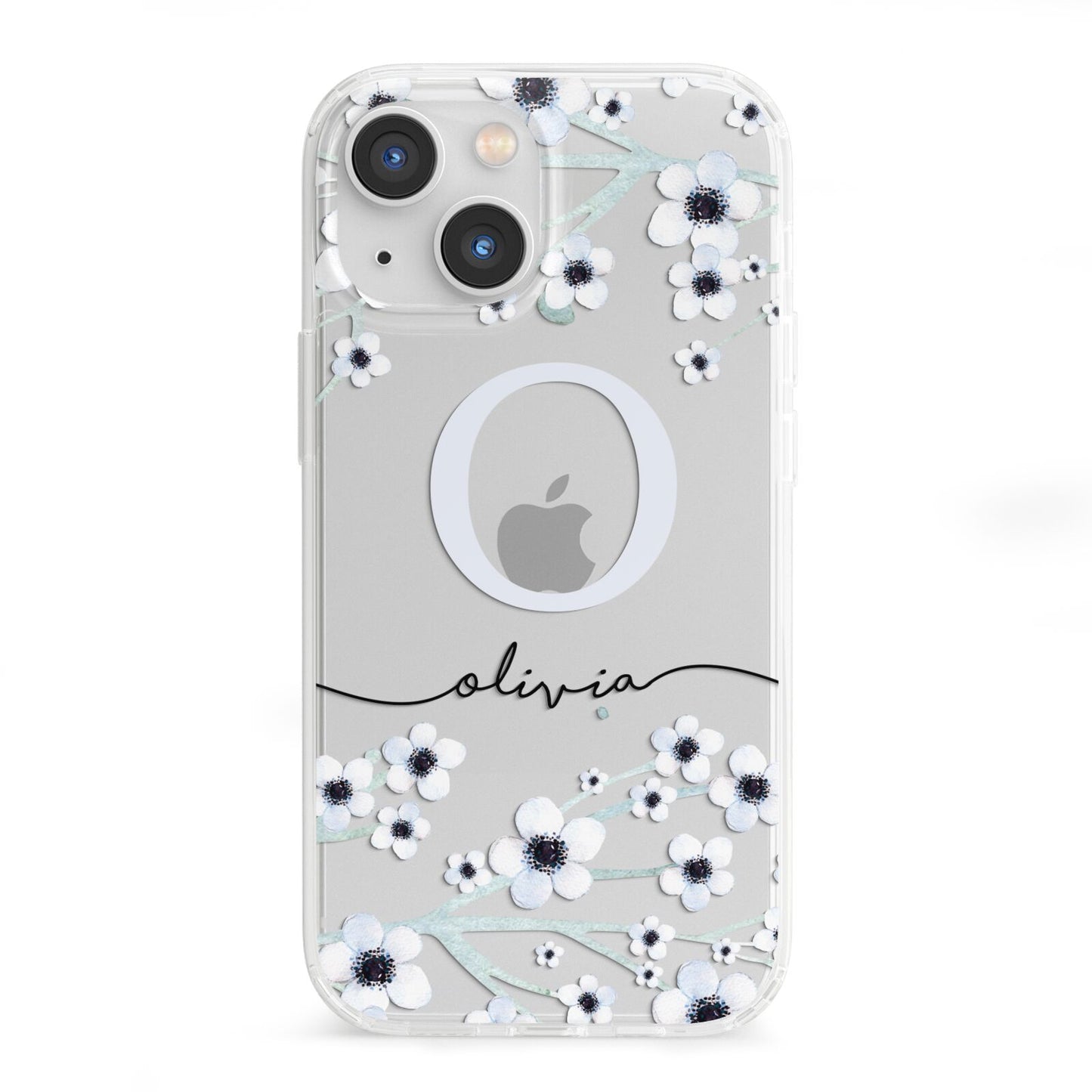 Personalised White Flower iPhone 13 Mini Clear Bumper Case