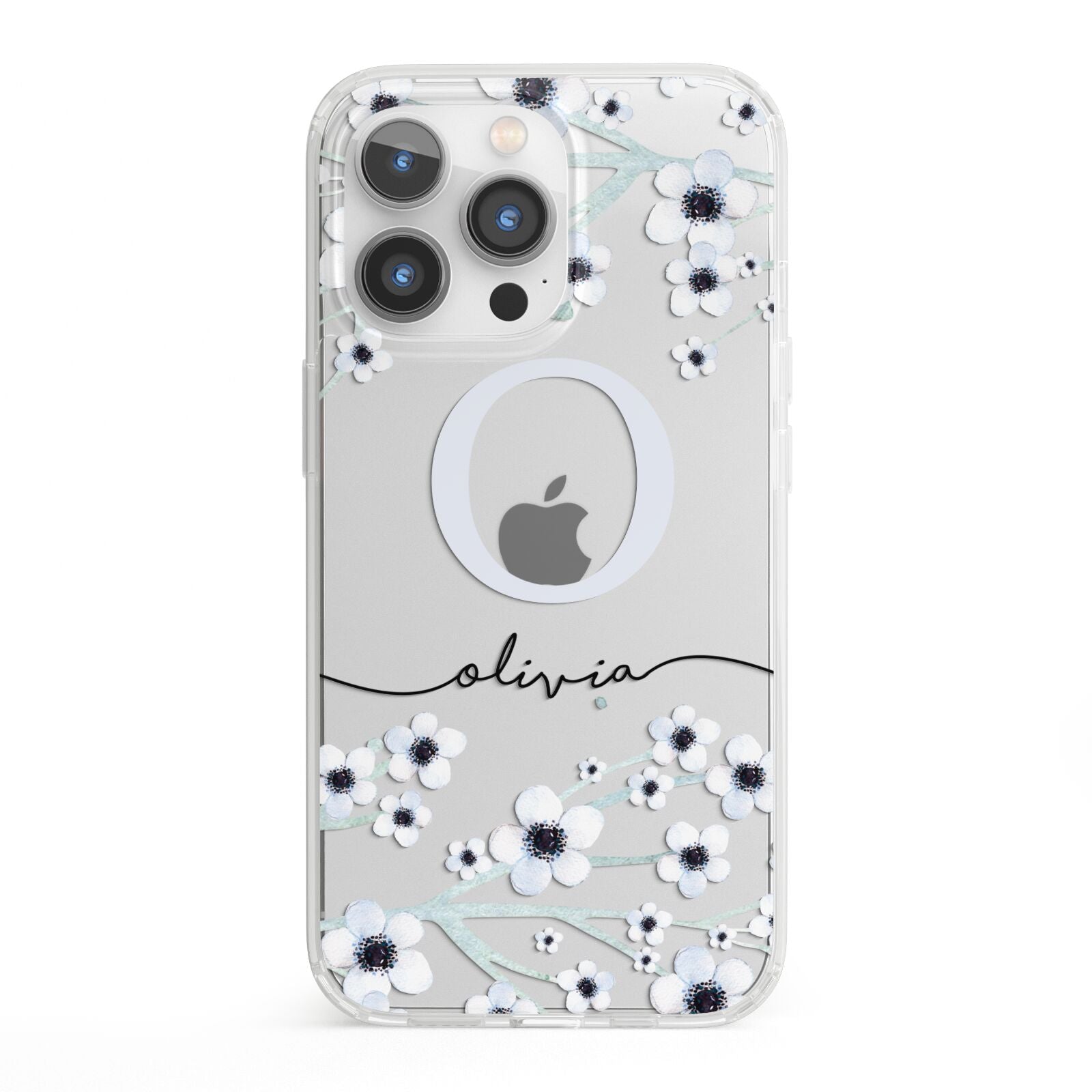 Personalised White Flower iPhone 13 Pro Clear Bumper Case
