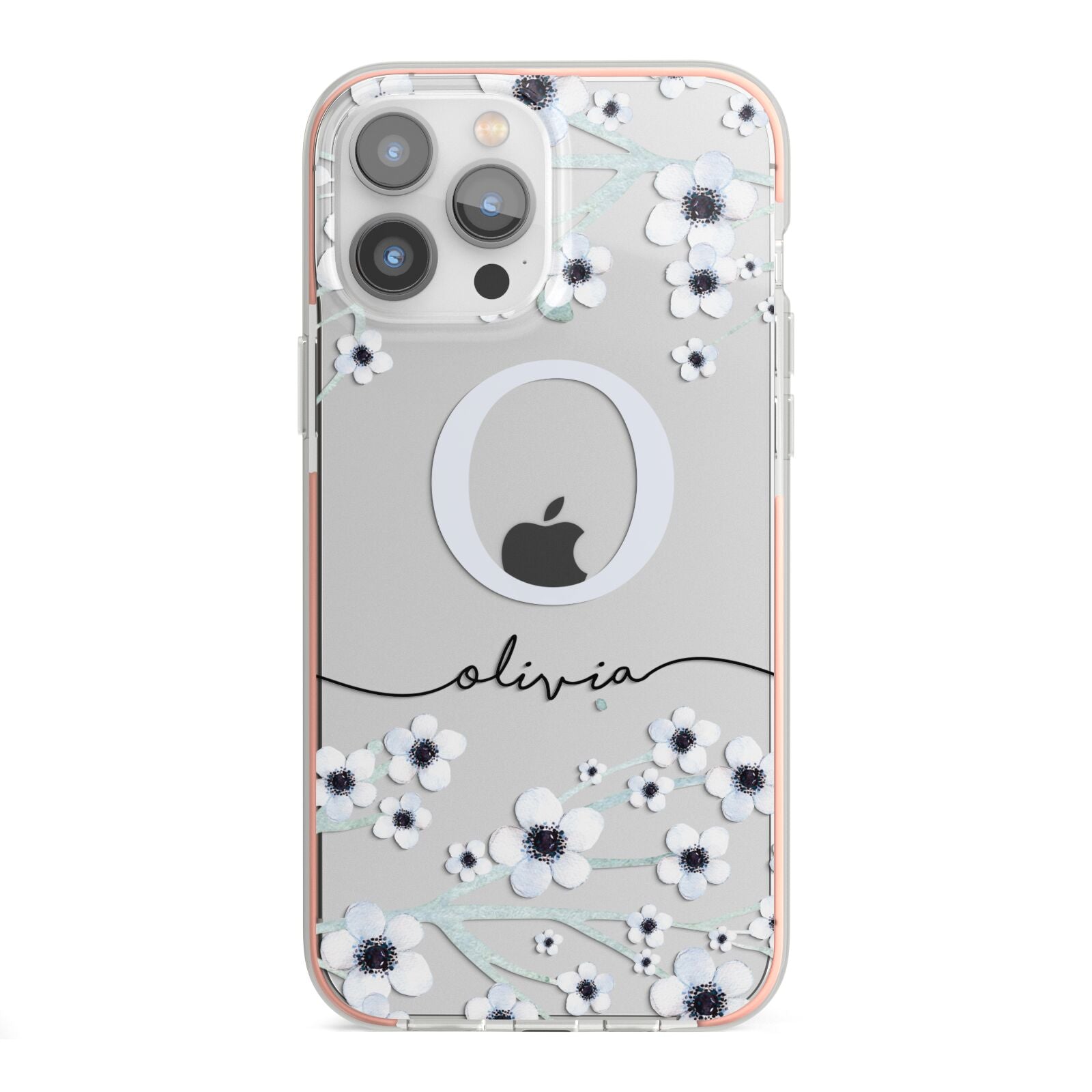 Personalised White Flower iPhone 13 Pro Max TPU Impact Case with Pink Edges