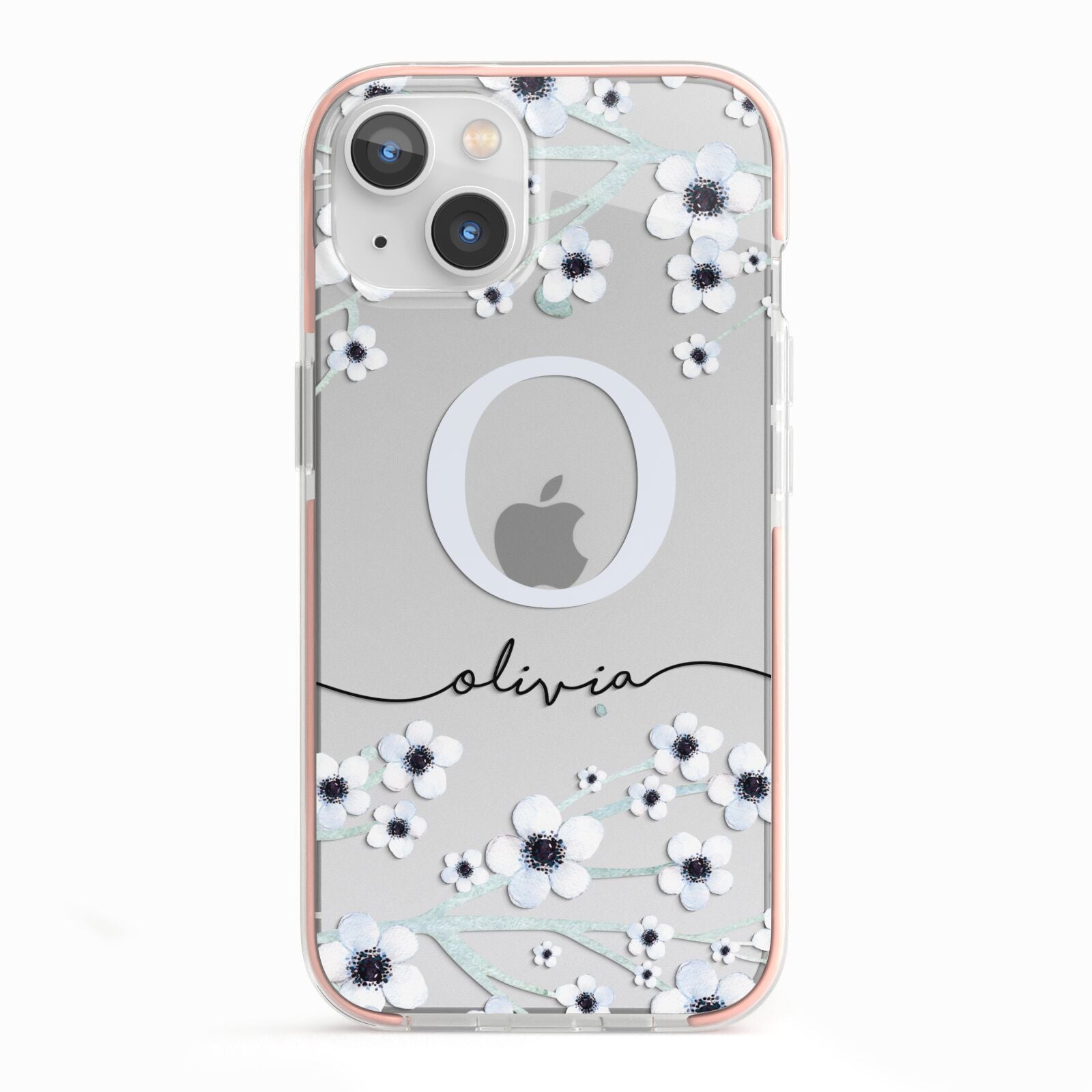 Personalised White Flower iPhone 13 TPU Impact Case with Pink Edges