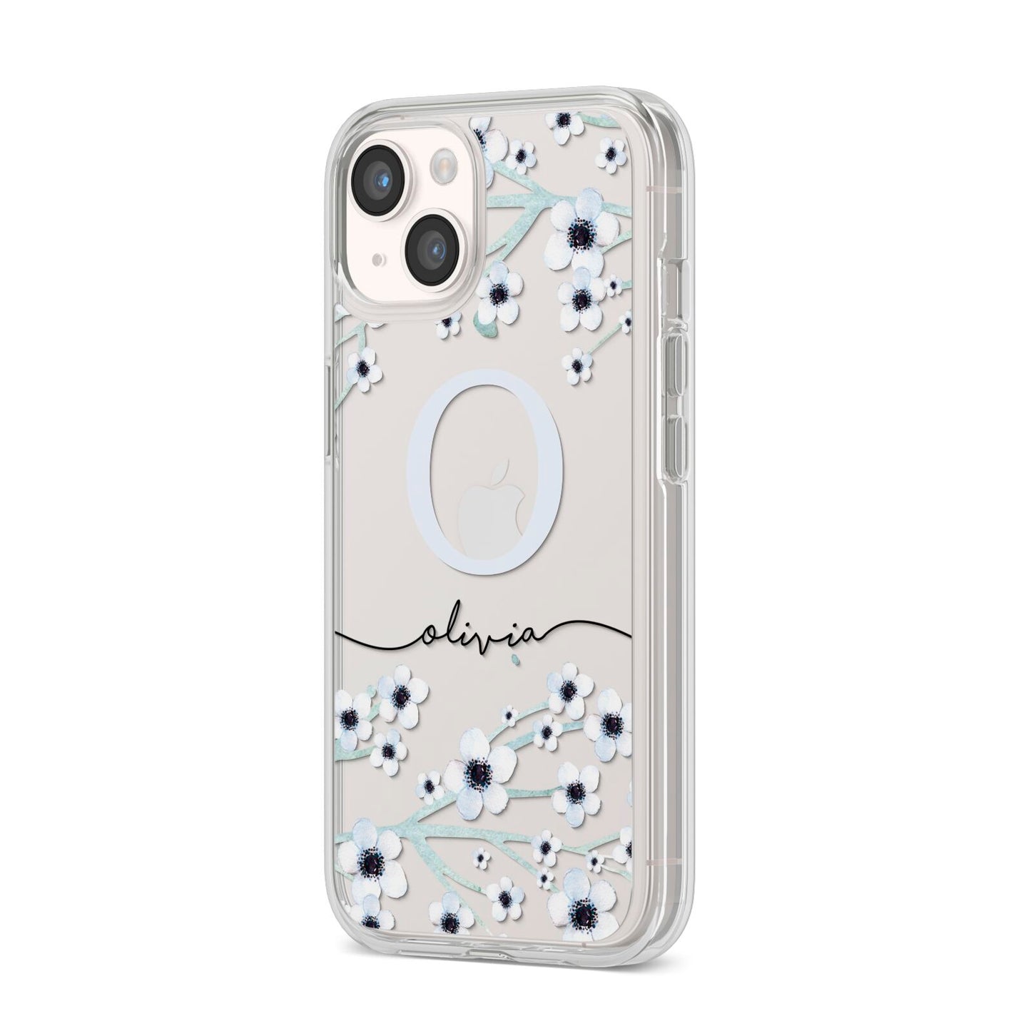 Personalised White Flower iPhone 14 Clear Tough Case Starlight Angled Image