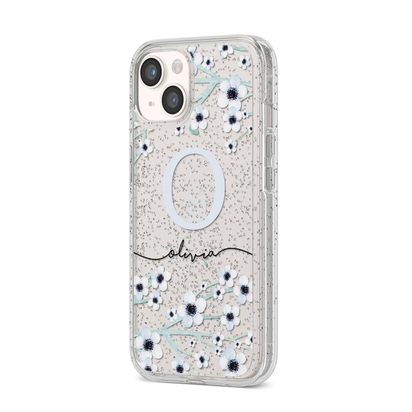 Personalised White Flower iPhone 14 Glitter Tough Case Starlight Angled Image
