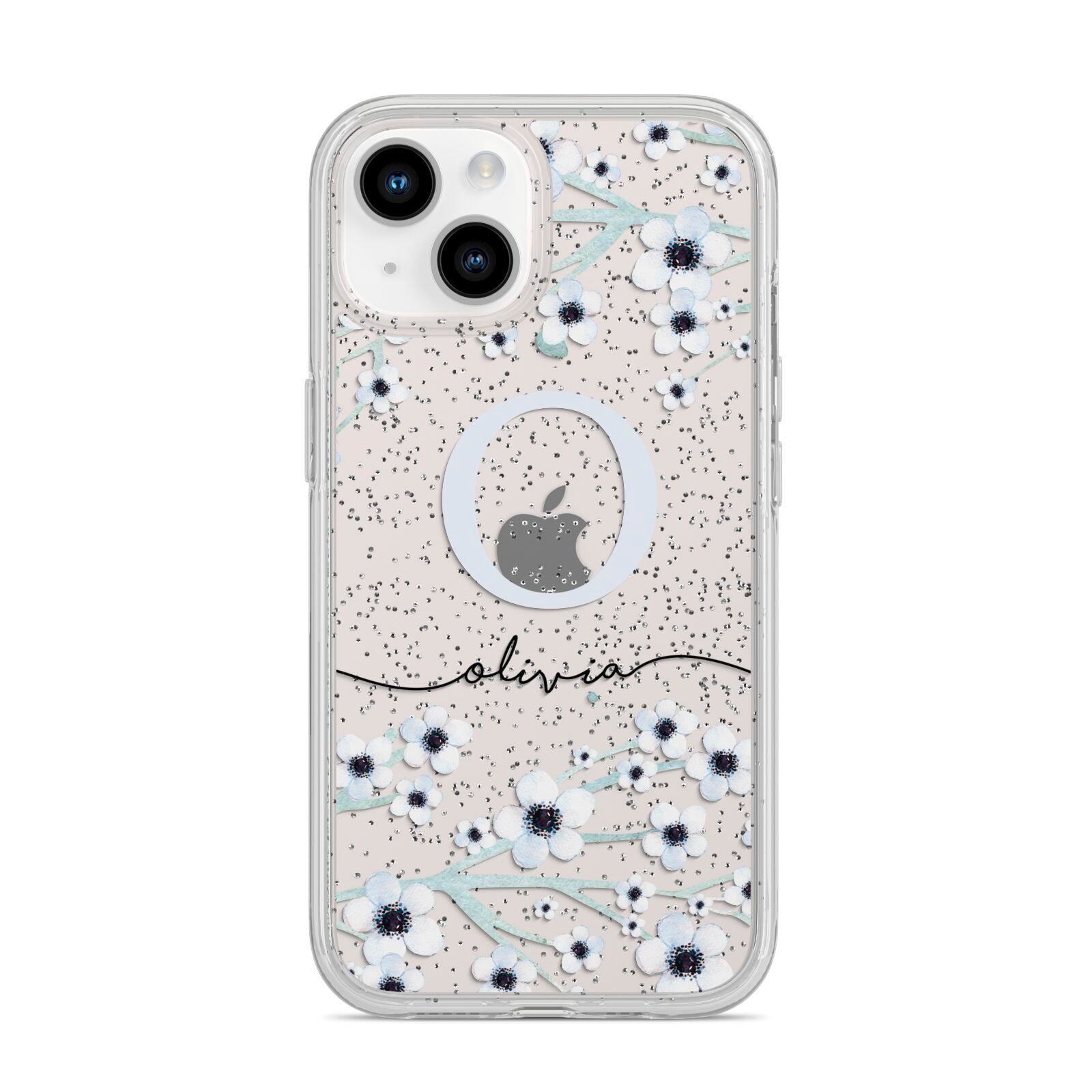 Personalised White Flower iPhone 14 Glitter Tough Case Starlight