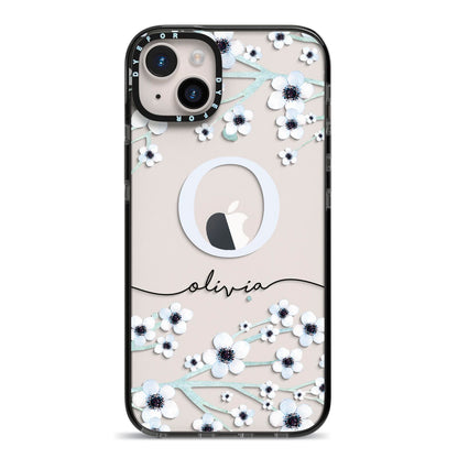 Personalised White Flower iPhone 14 Plus Black Impact Case on Silver phone