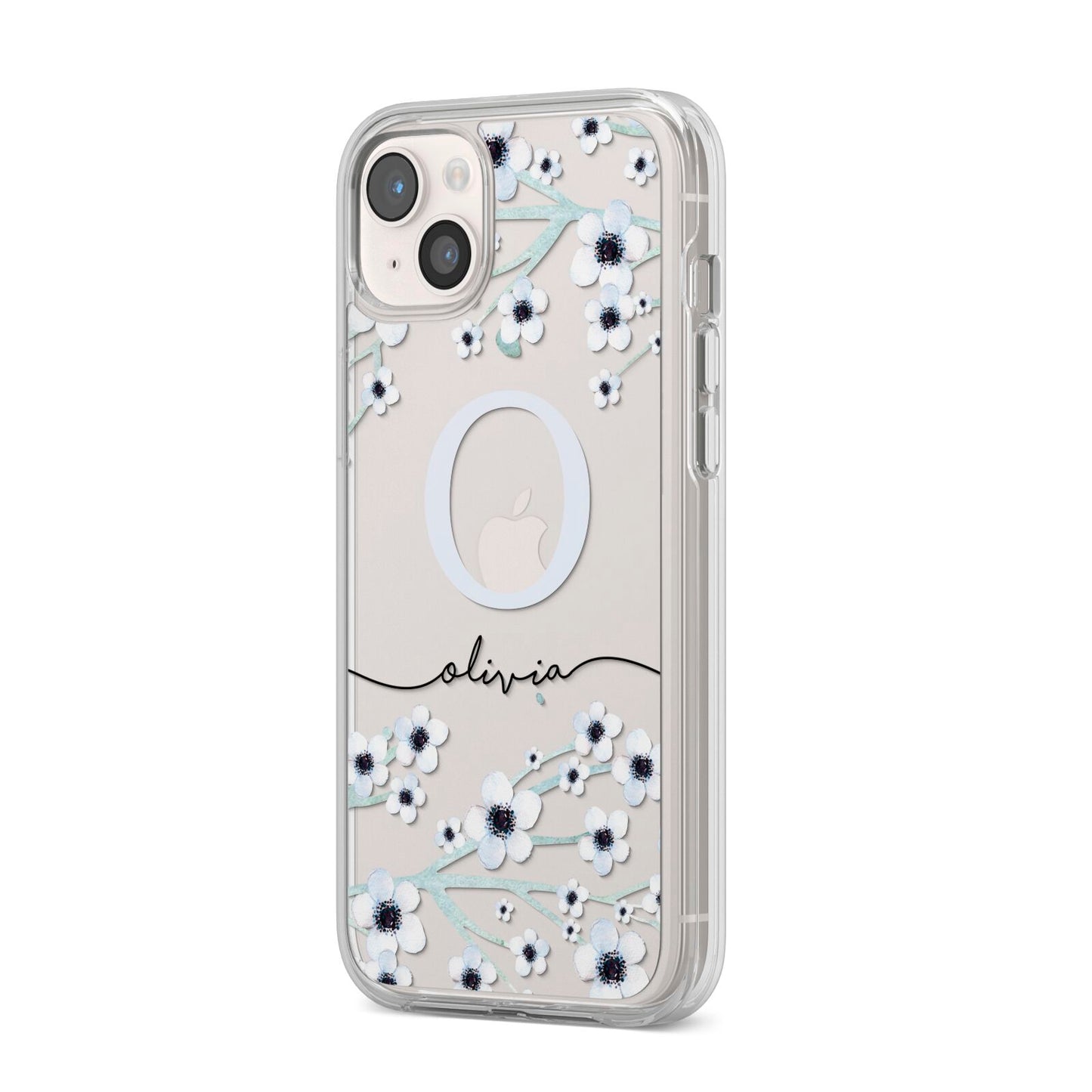 Personalised White Flower iPhone 14 Plus Clear Tough Case Starlight Angled Image