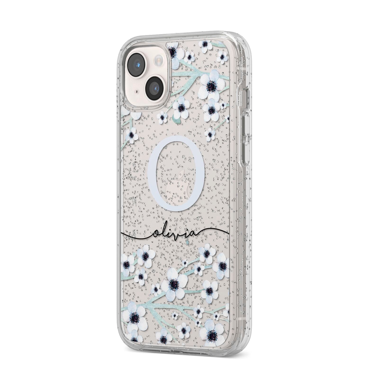 Personalised White Flower iPhone 14 Plus Glitter Tough Case Starlight Angled Image