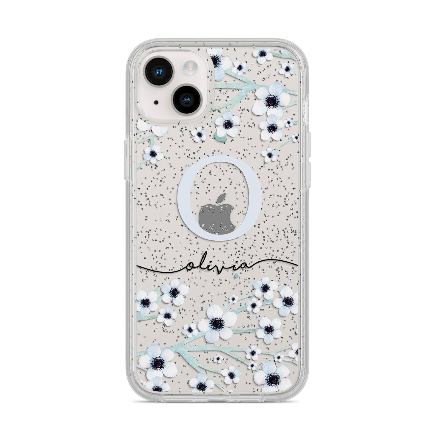 Personalised White Flower iPhone 14 Plus Glitter Tough Case Starlight