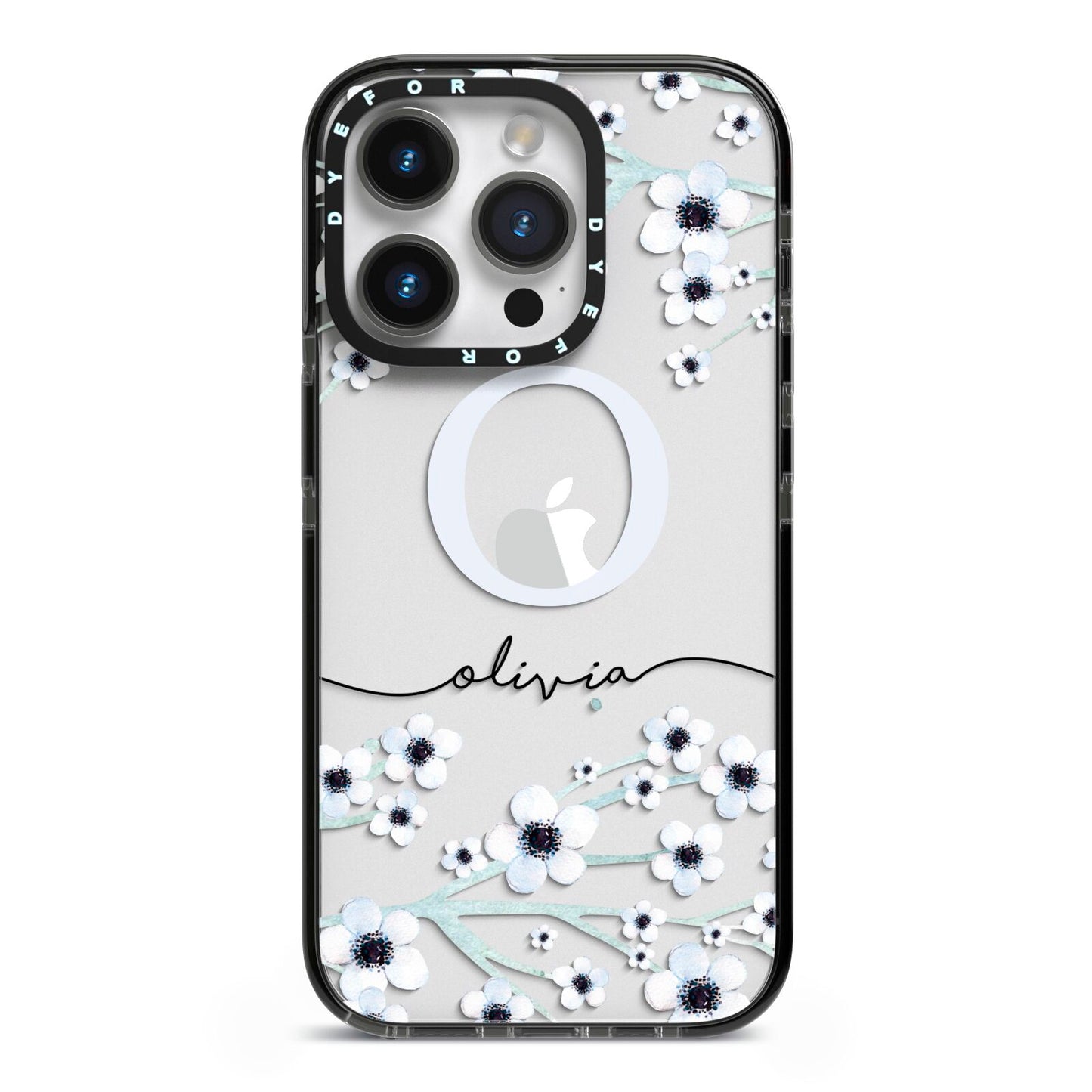 Personalised White Flower iPhone 14 Pro Black Impact Case on Silver phone