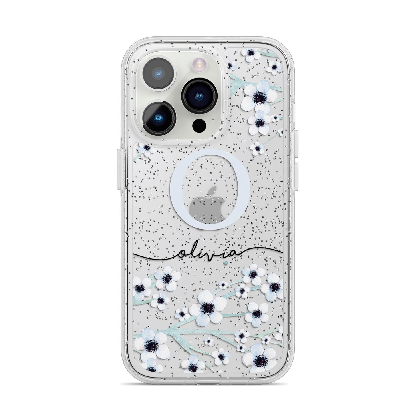 Personalised White Flower iPhone 14 Pro Glitter Tough Case Silver