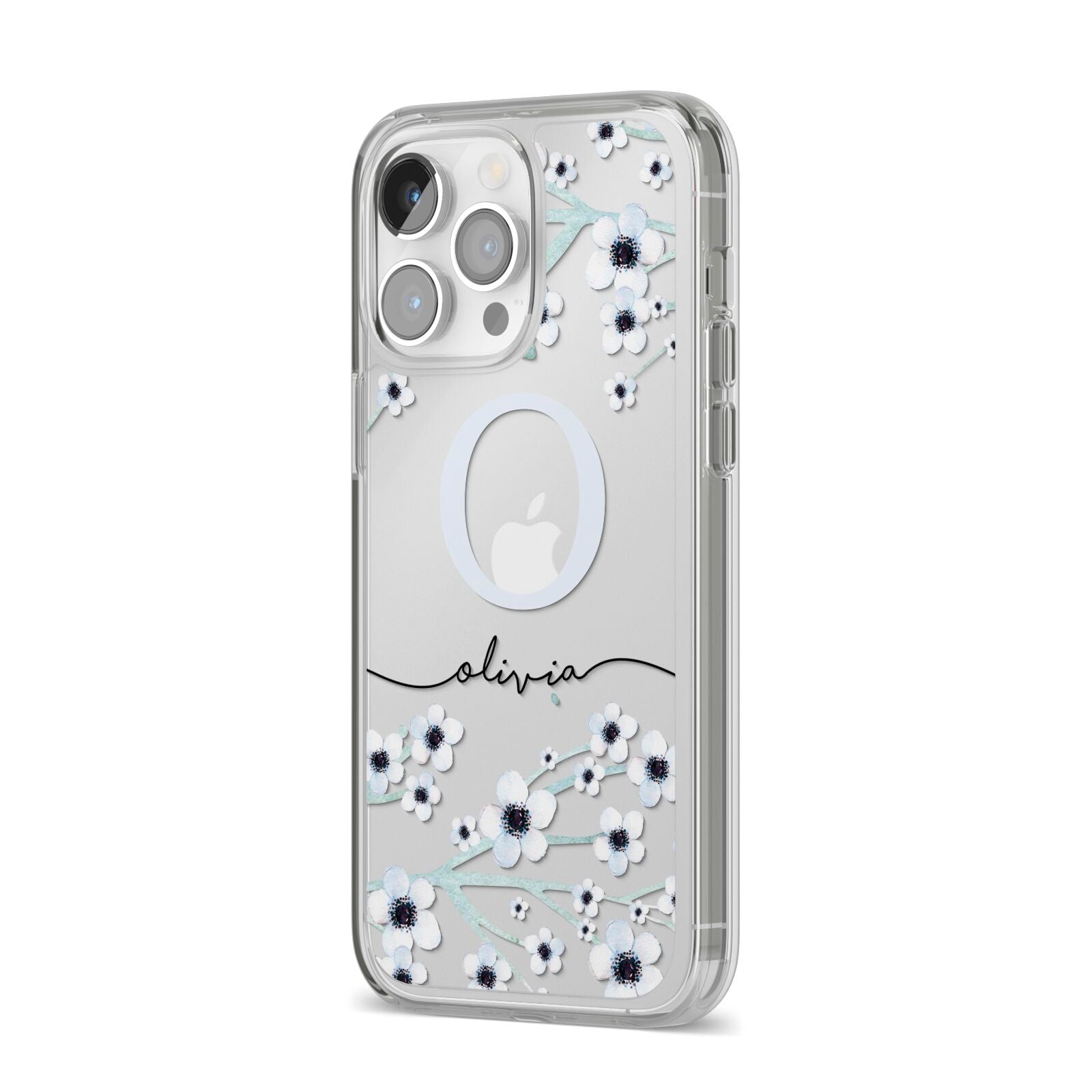 Personalised White Flower iPhone 14 Pro Max Clear Tough Case Silver Angled Image