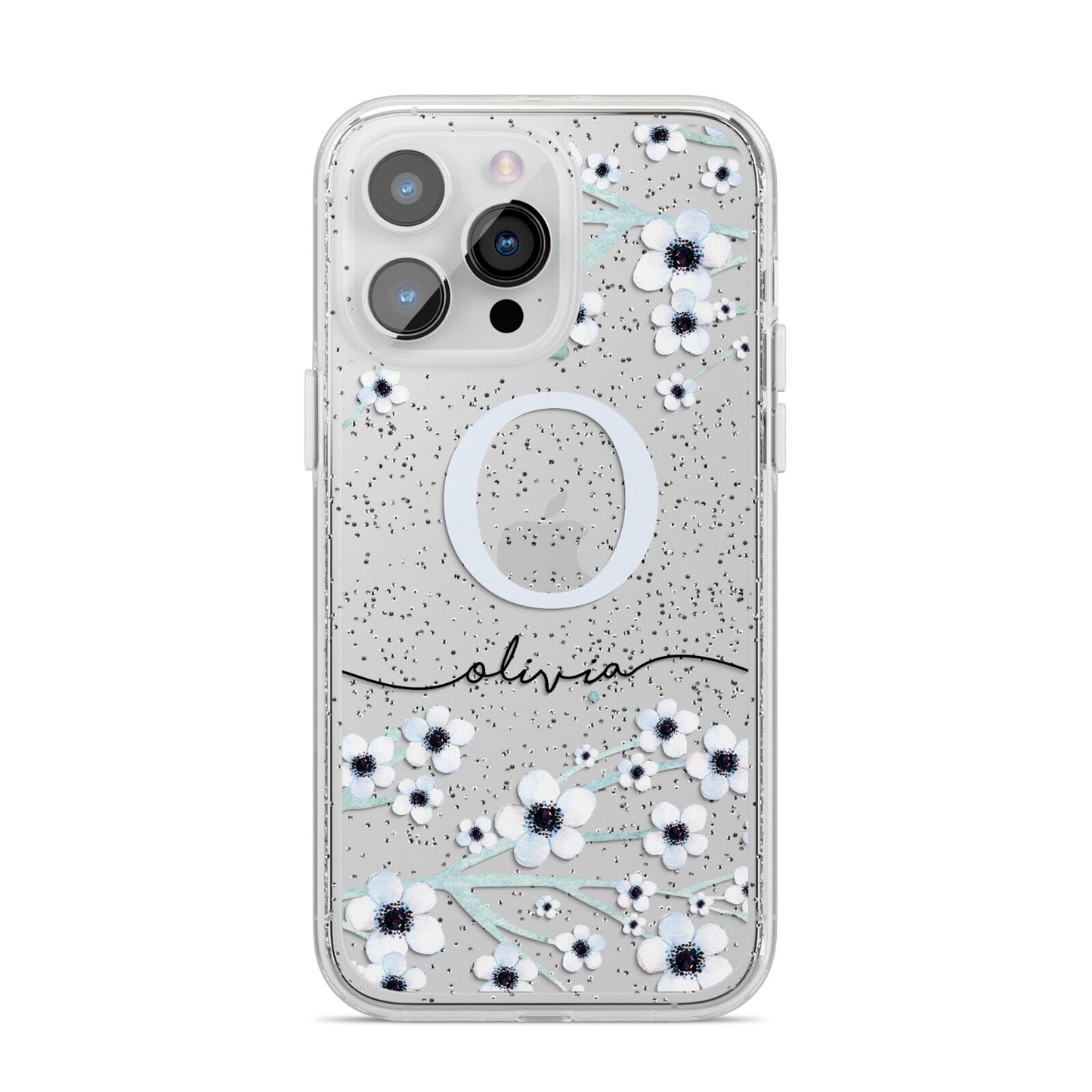 Personalised White Flower iPhone 14 Pro Max Glitter Tough Case Silver
