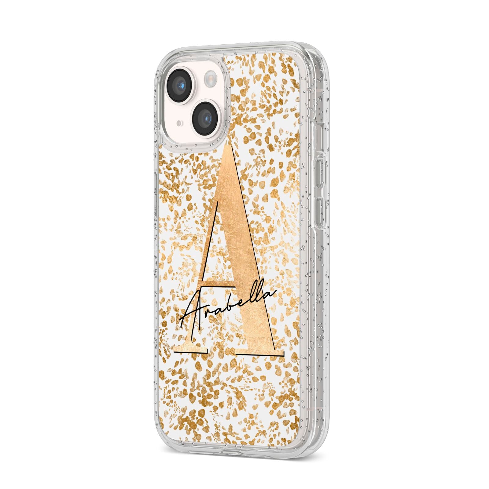 Personalised White Gold Cheetah iPhone 14 Glitter Tough Case Starlight Angled Image