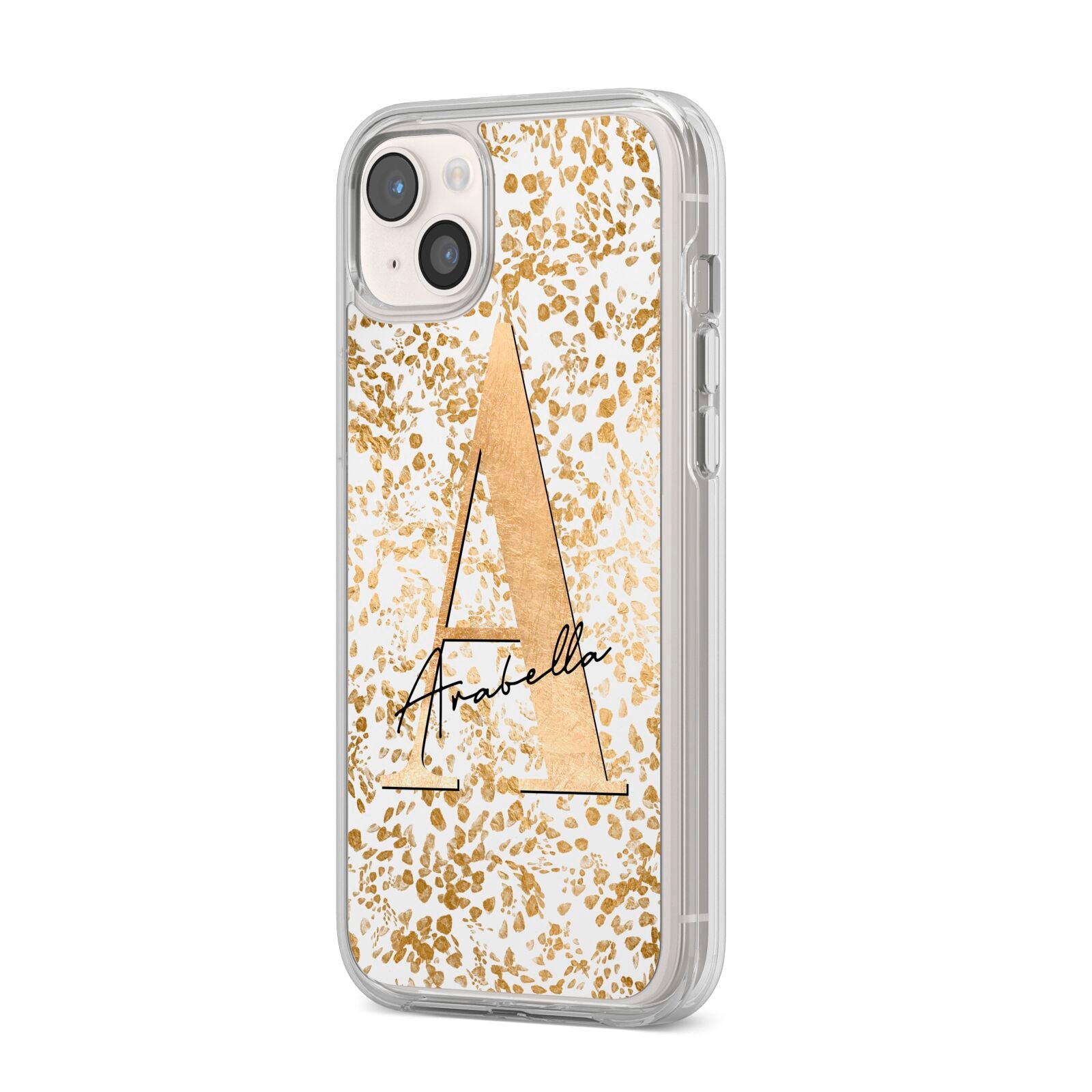 Personalised White Gold Cheetah iPhone 14 Plus Clear Tough Case Starlight Angled Image