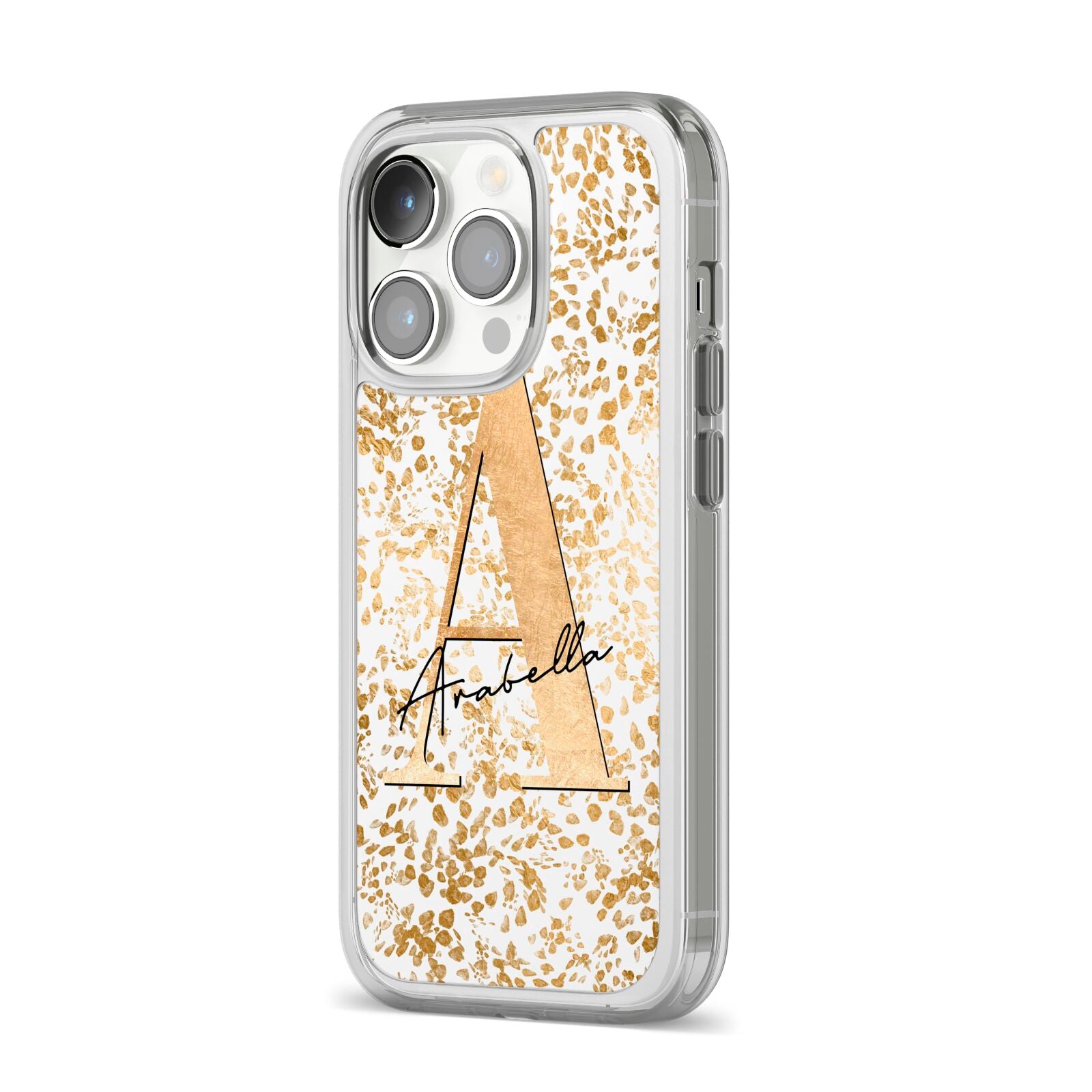 Personalised White Gold Cheetah iPhone 14 Pro Clear Tough Case Silver Angled Image