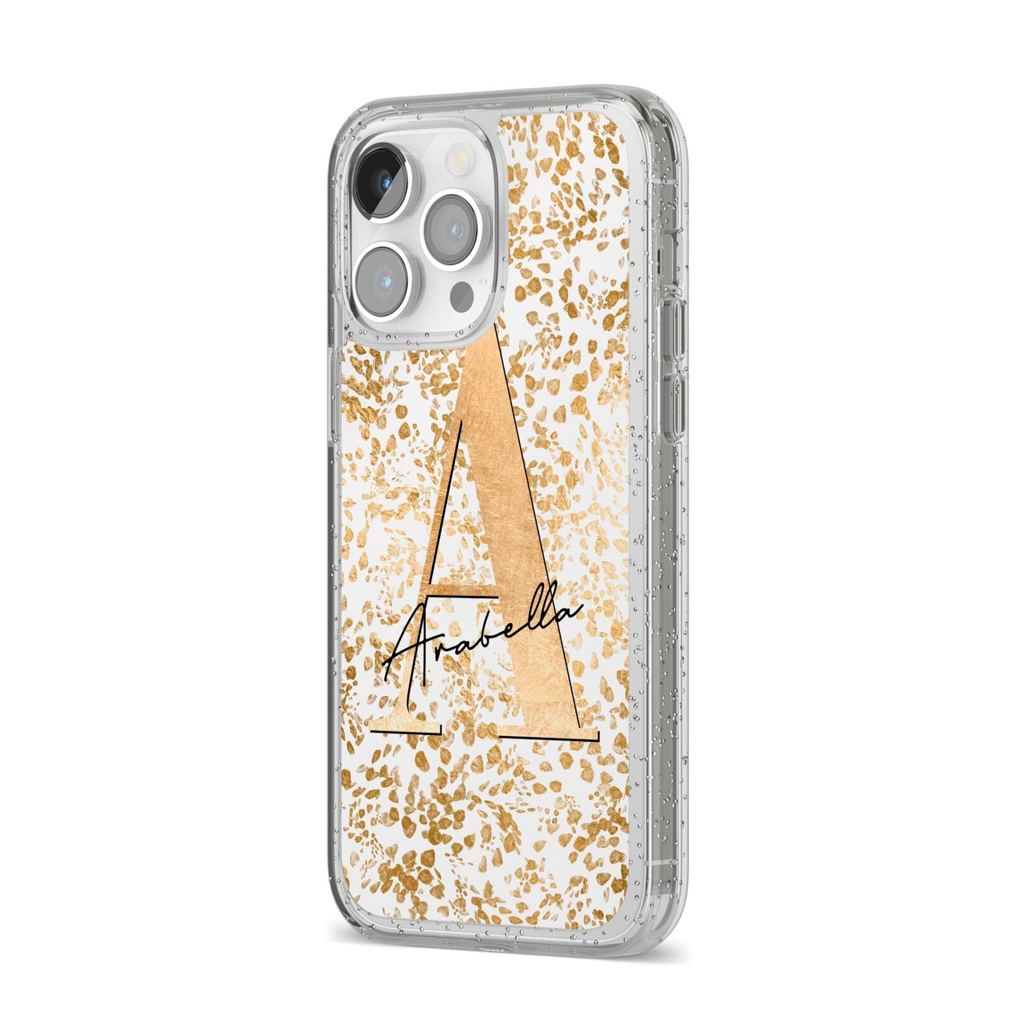 Personalised White Gold Cheetah iPhone 14 Pro Max Glitter Tough Case Silver Angled Image