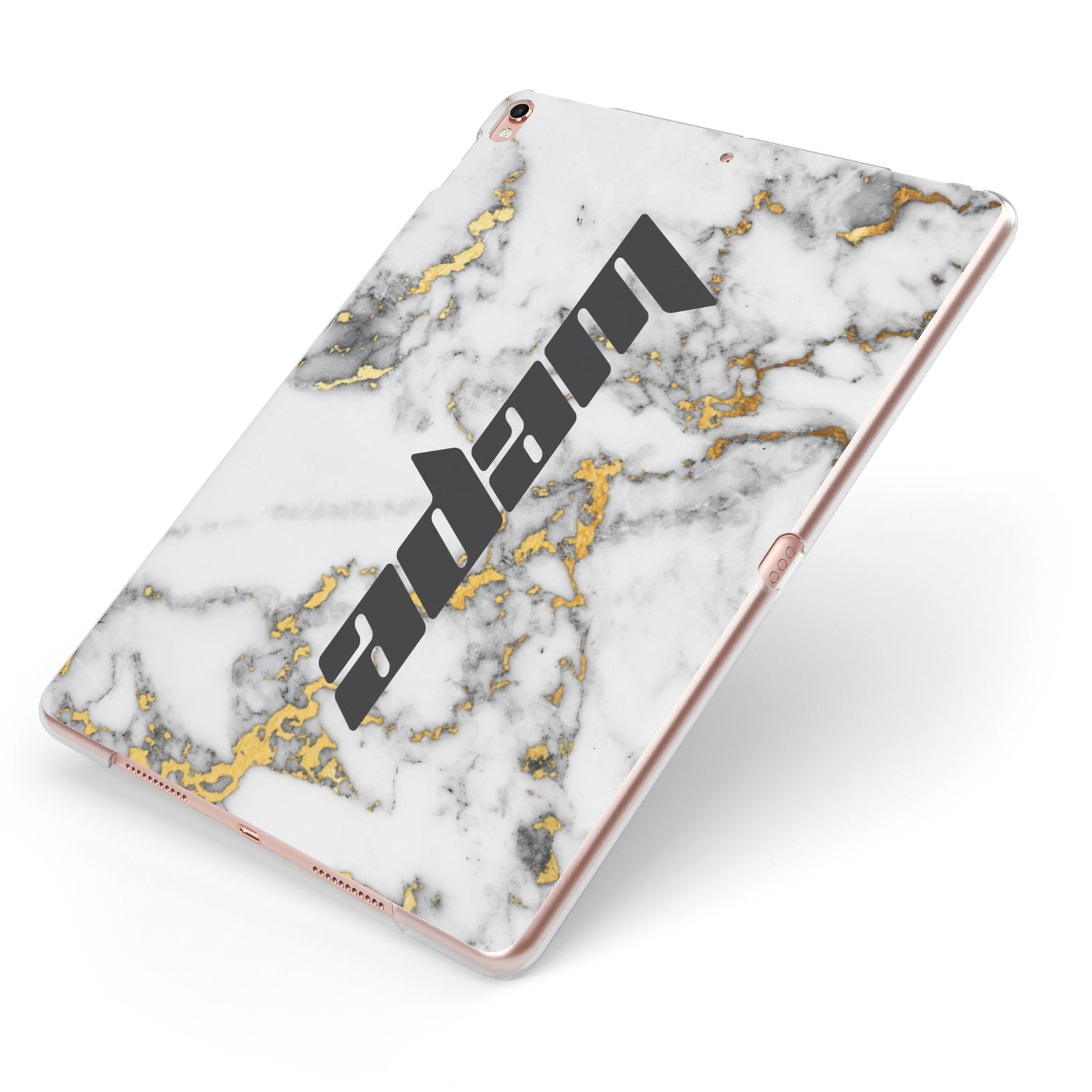 Personalised White Gold Marble Name Apple iPad Case on Rose Gold iPad Side View