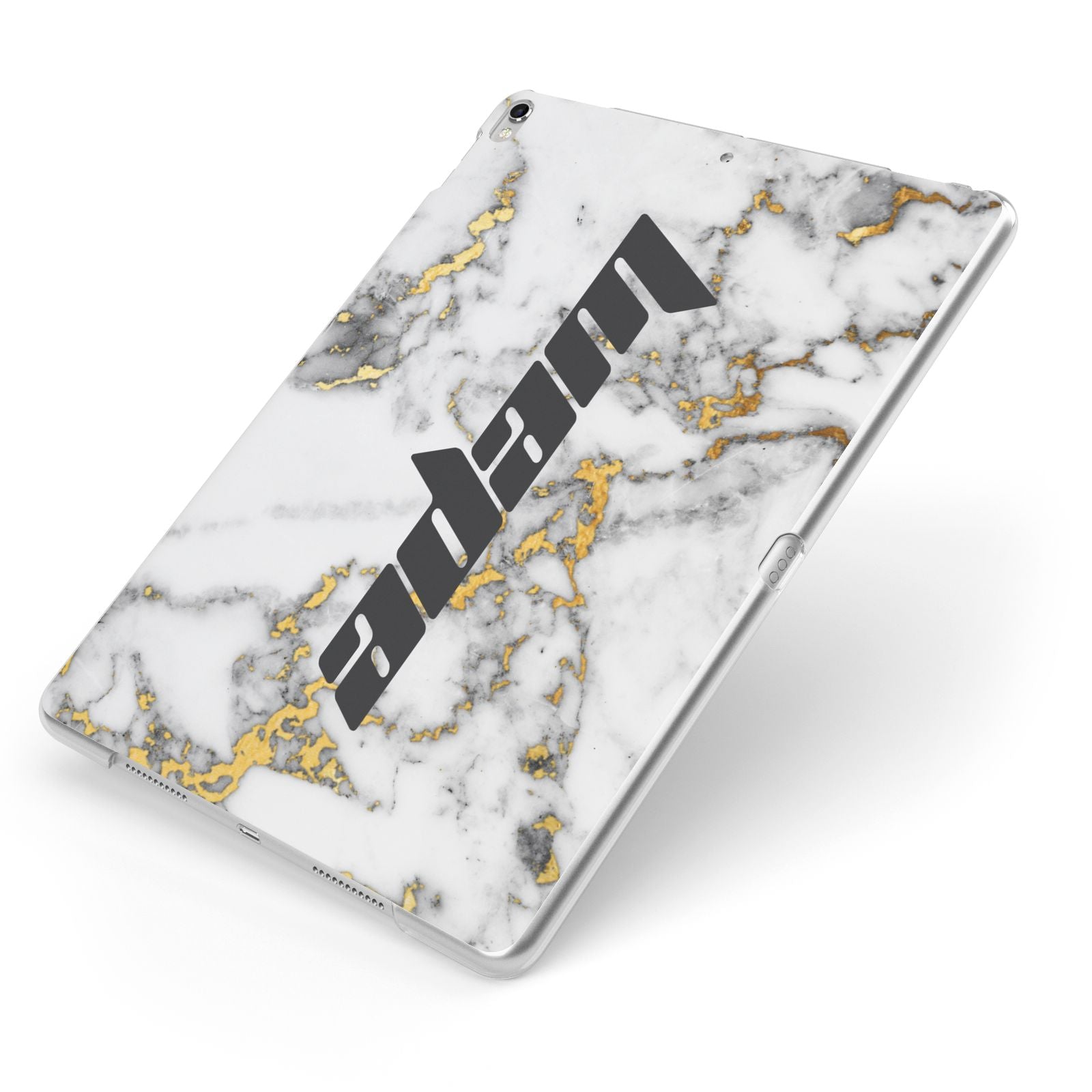 Personalised White Gold Marble Name Apple iPad Case on Silver iPad Side View