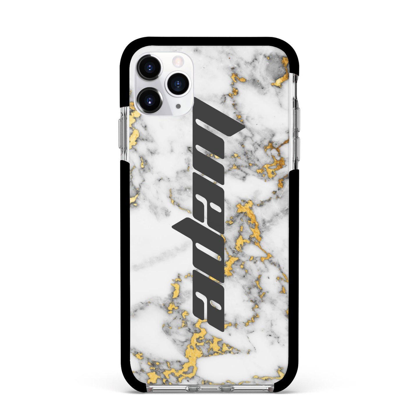 Personalised White Gold Marble Name Apple iPhone 11 Pro Max in Silver with Black Impact Case