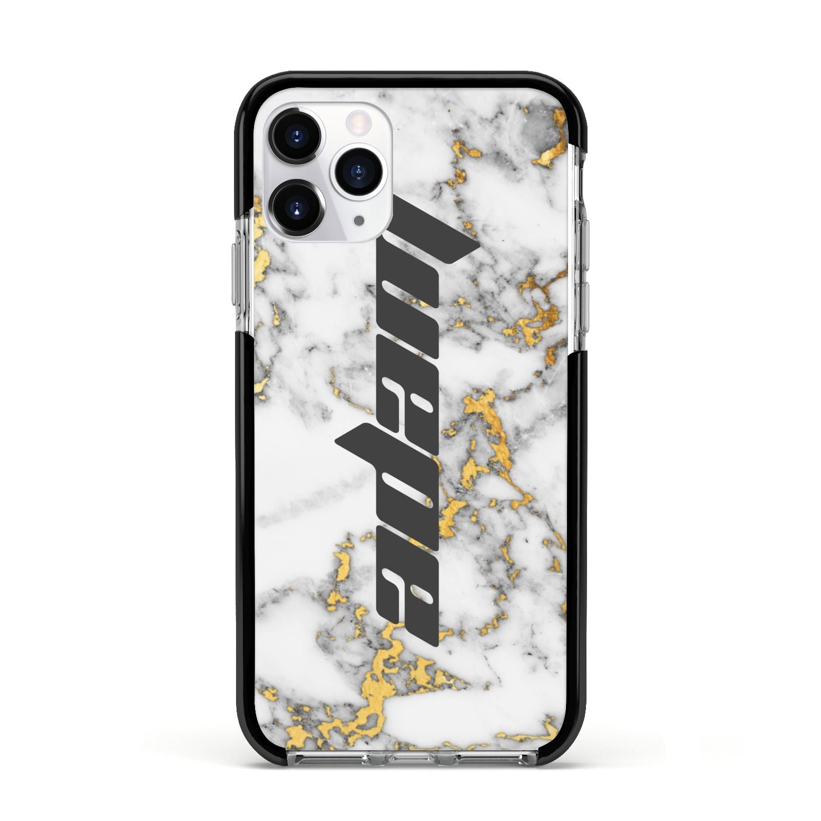 Personalised White Gold Marble Name Apple iPhone 11 Pro in Silver with Black Impact Case
