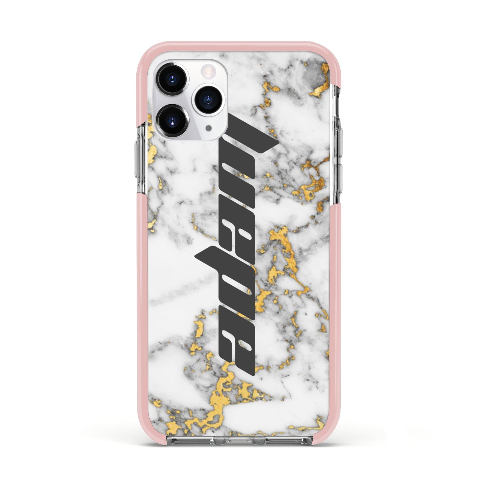 Personalised White Gold Marble Name Apple iPhone 11 Pro in Silver with Pink Impact Case