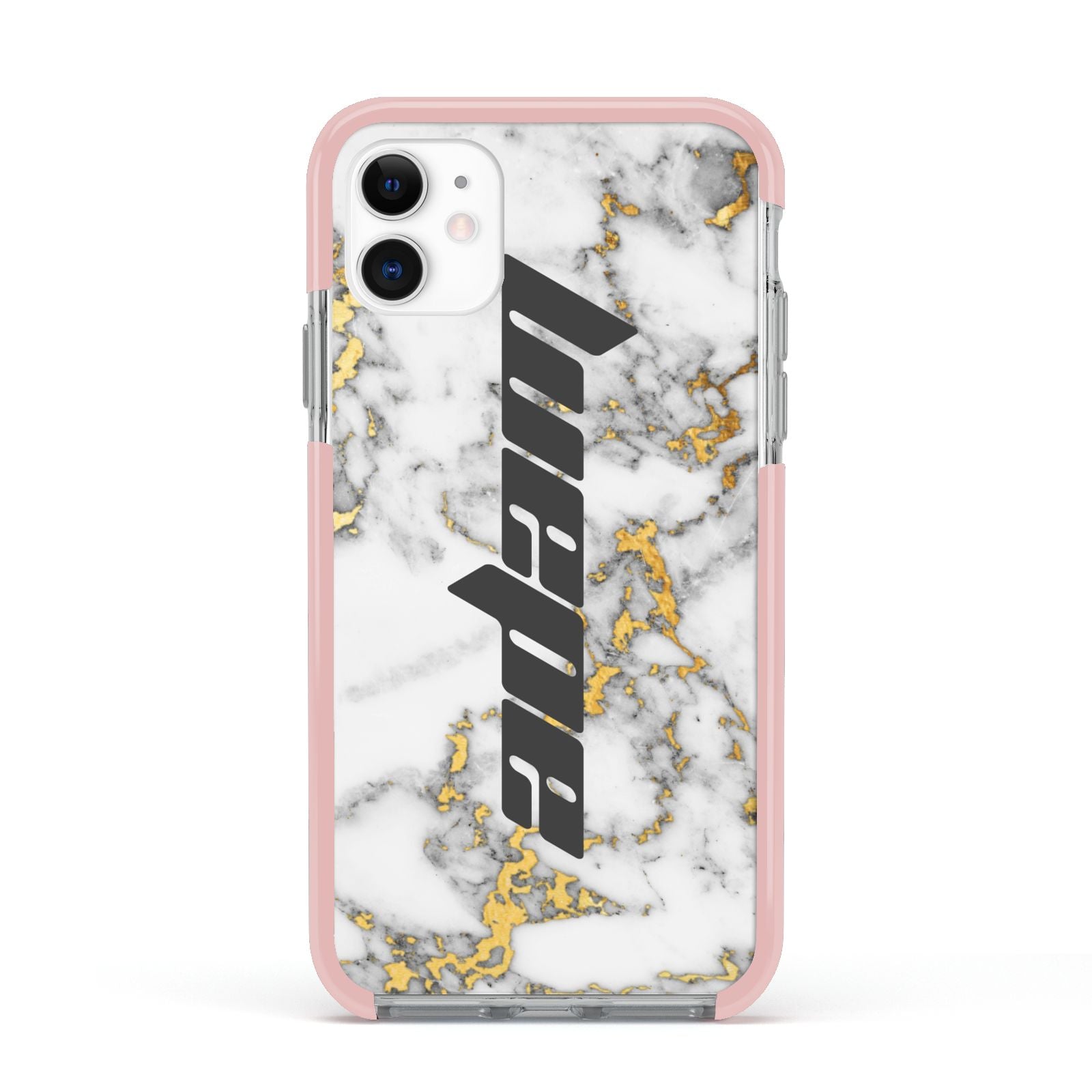 Personalised White Gold Marble Name Apple iPhone 11 in White with Pink Impact Case