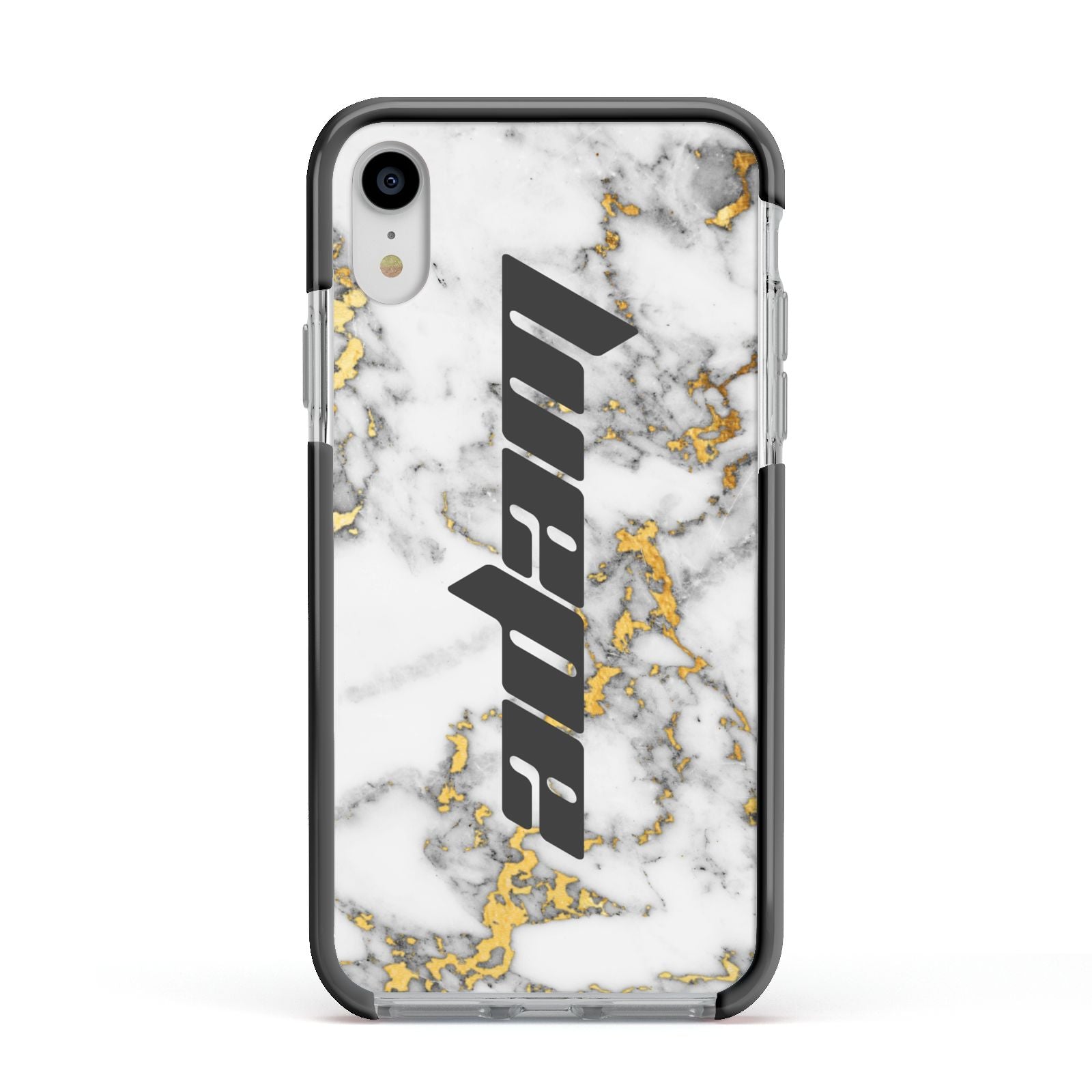Personalised White Gold Marble Name Apple iPhone XR Impact Case Black Edge on Silver Phone