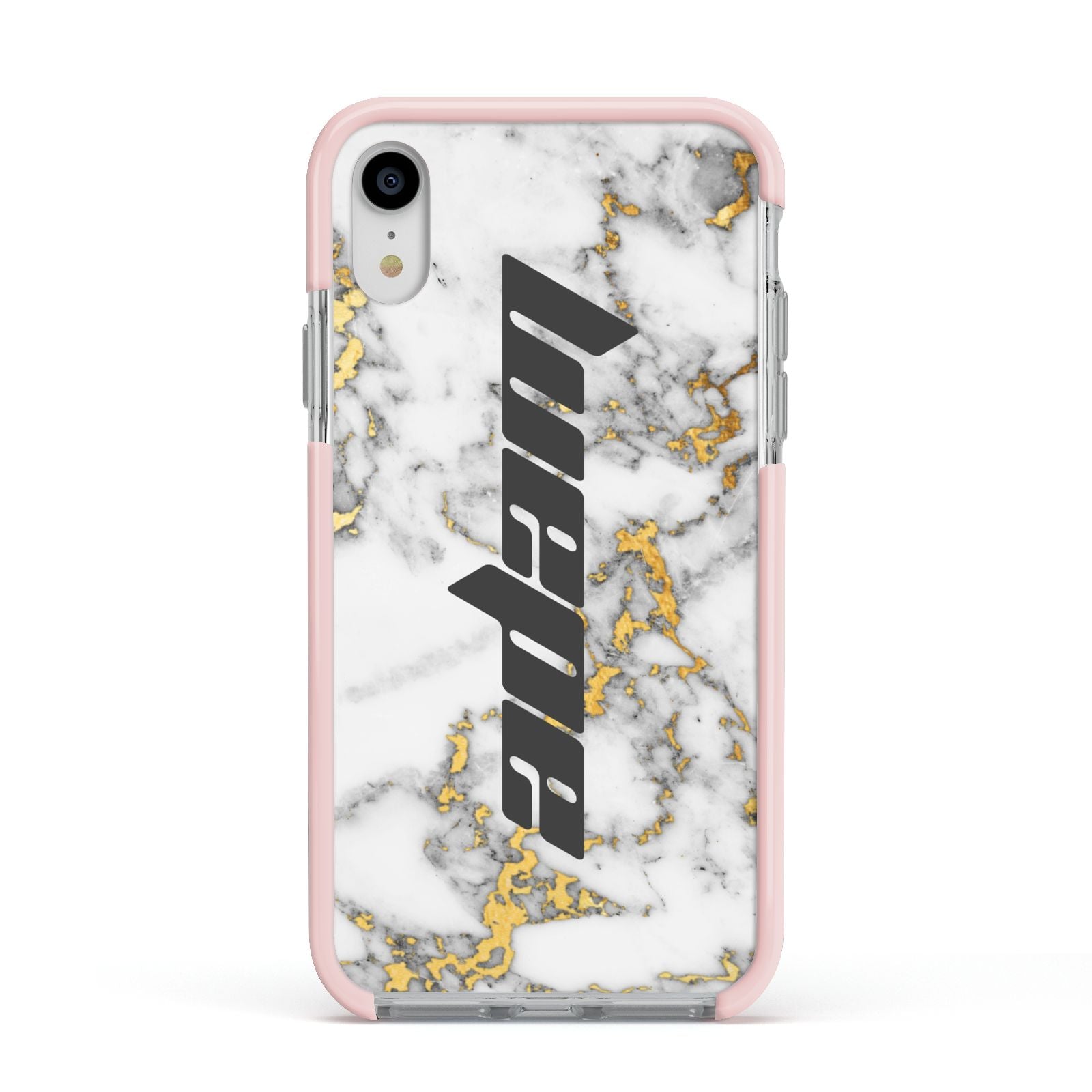 Personalised White Gold Marble Name Apple iPhone XR Impact Case Pink Edge on Silver Phone