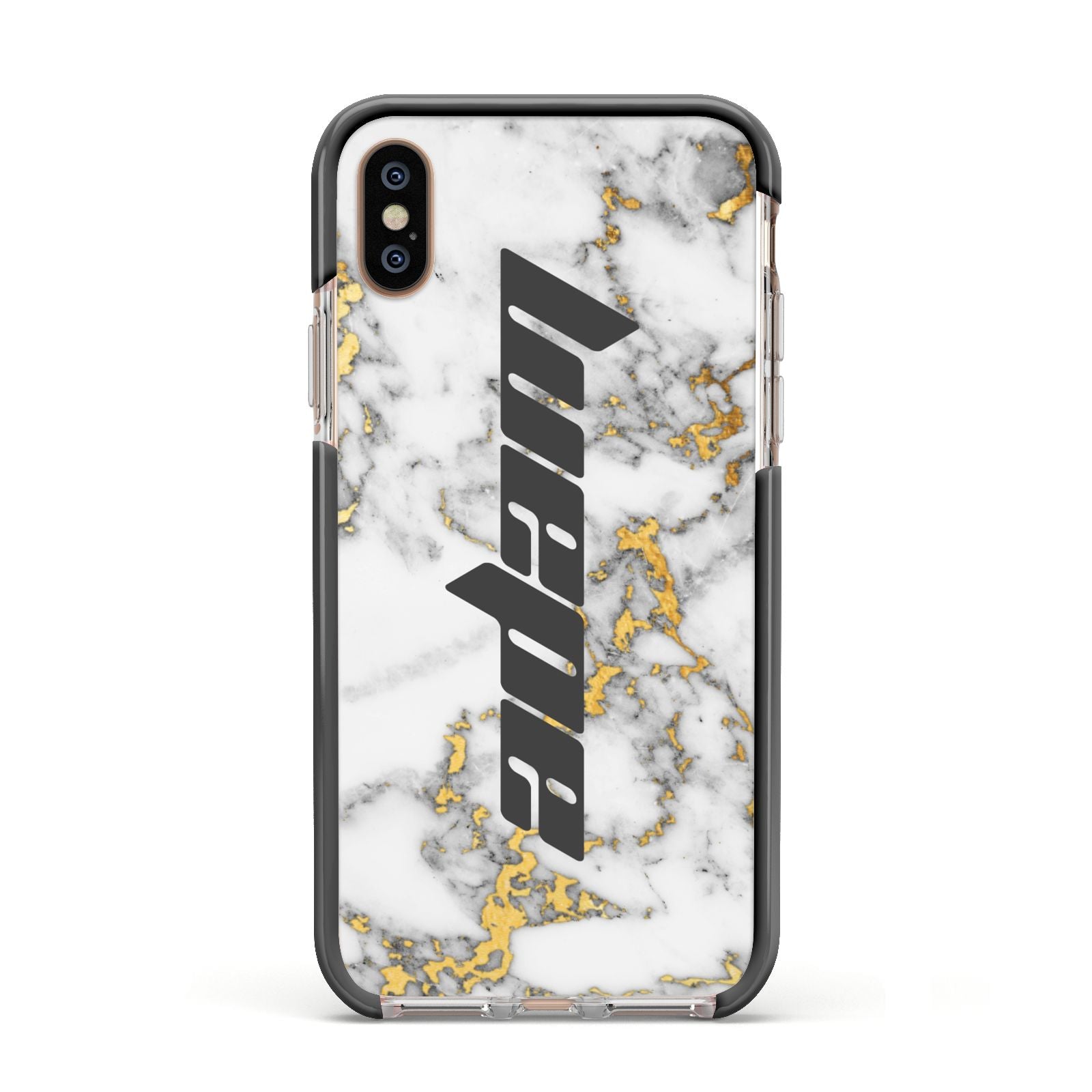 Personalised White Gold Marble Name Apple iPhone Xs Impact Case Black Edge on Gold Phone